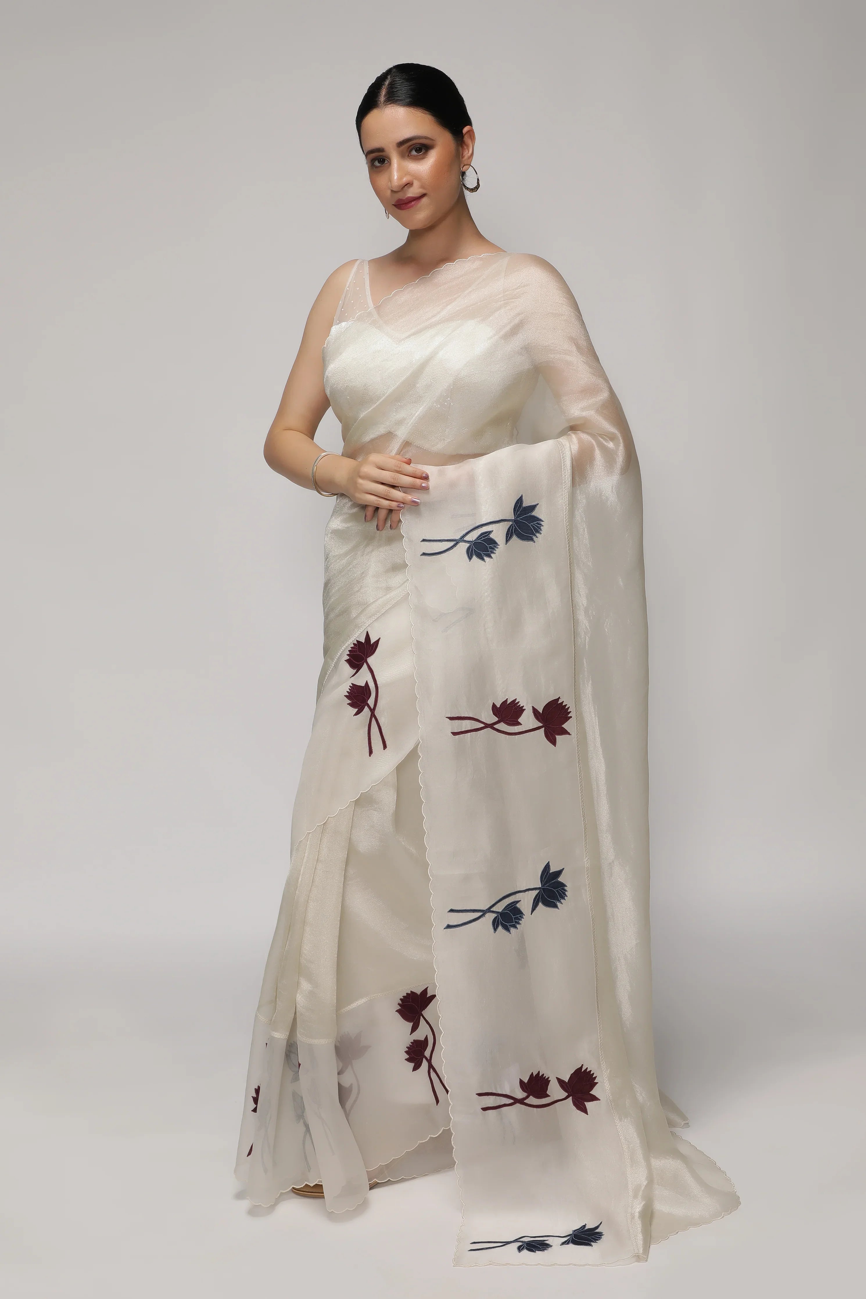 Silver White Tissue Saree with Multicolor Floral AppliquéKora Border - Mokshaa