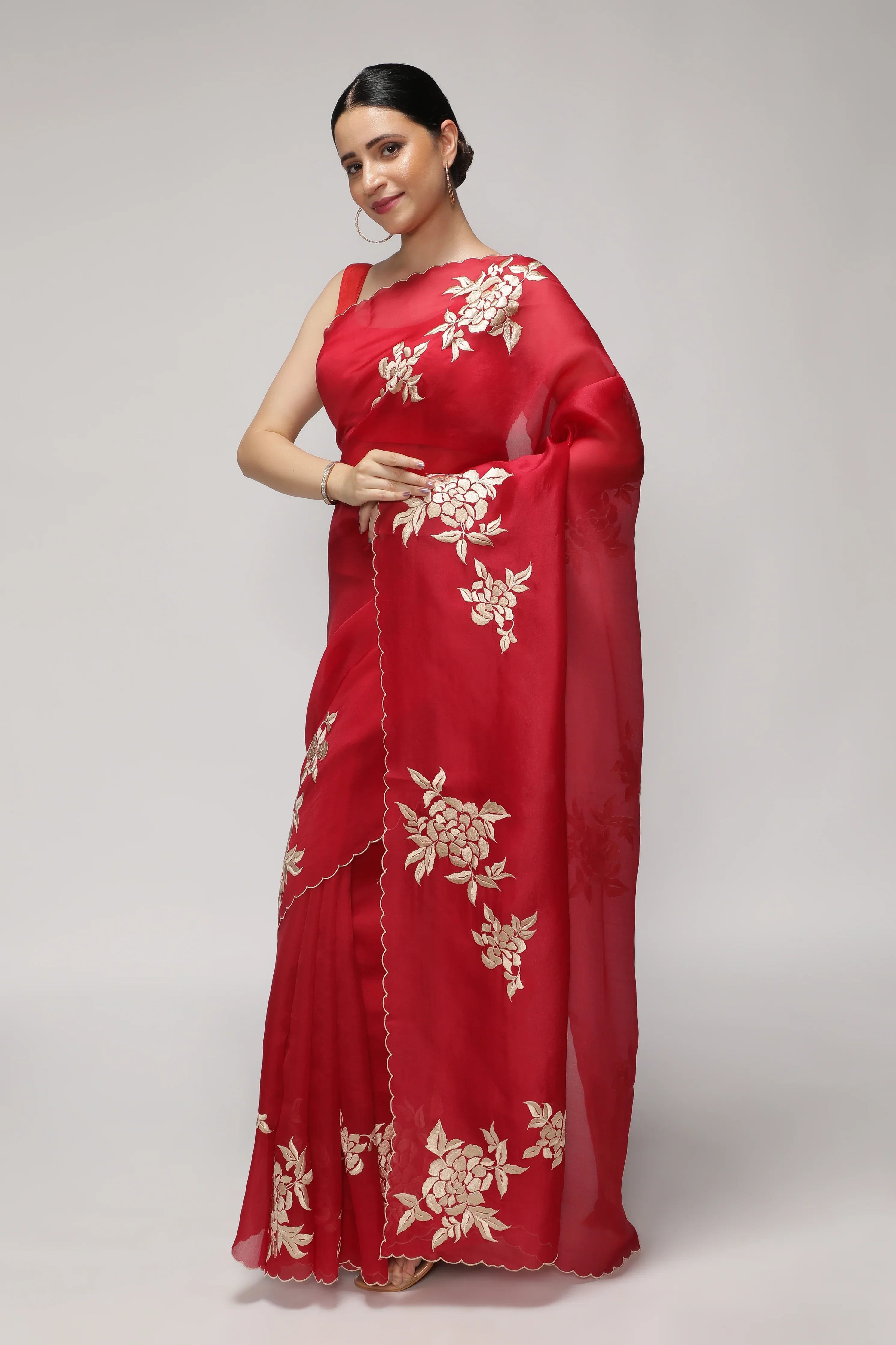 Red Organza Saree with All-Over Floral Thread Work Motifs - Mokshaa