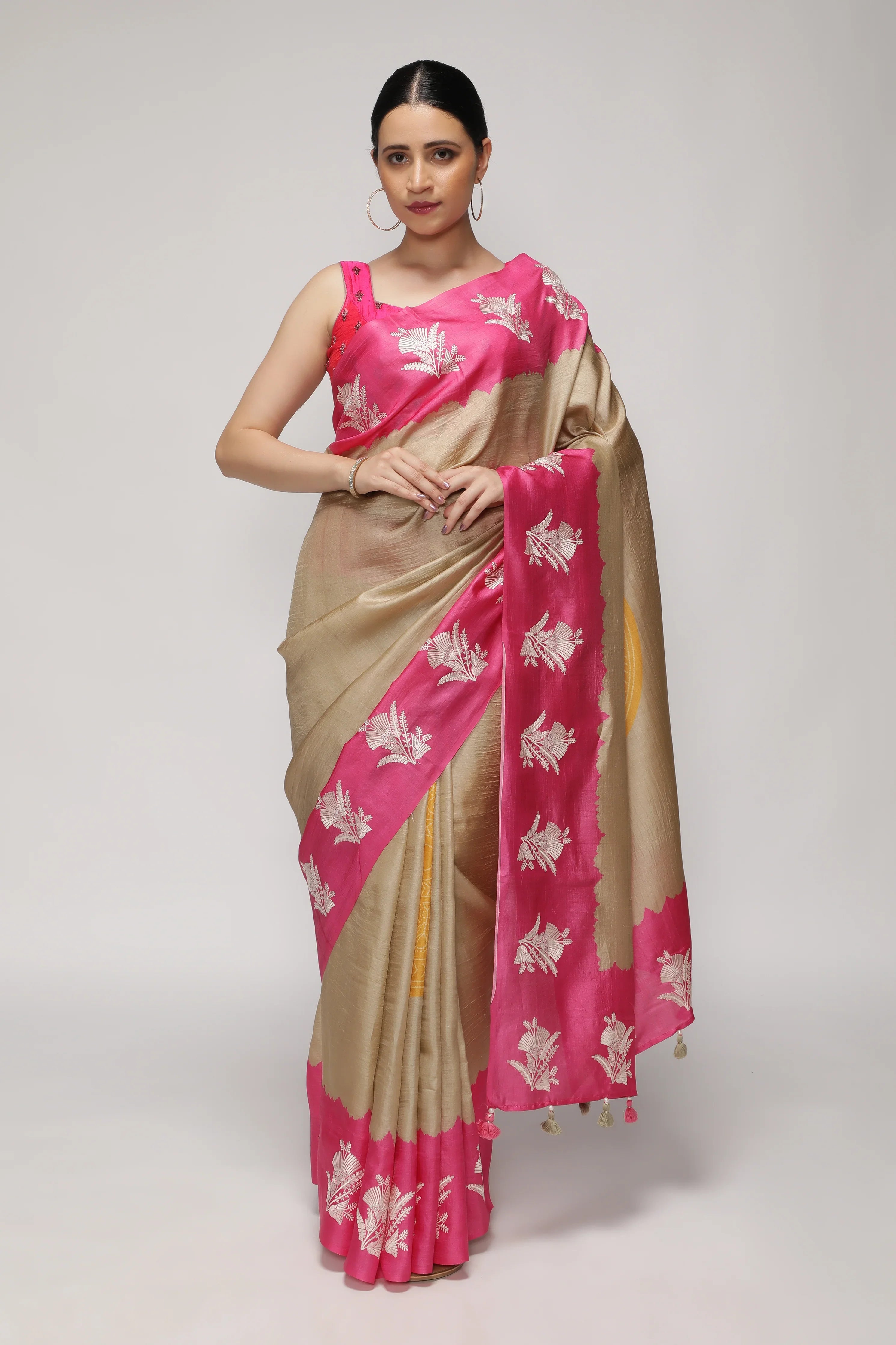 Chikoo and Pink Tussar Saree with Bandhani Print & Contrast Embroidery Border - Mokshaa