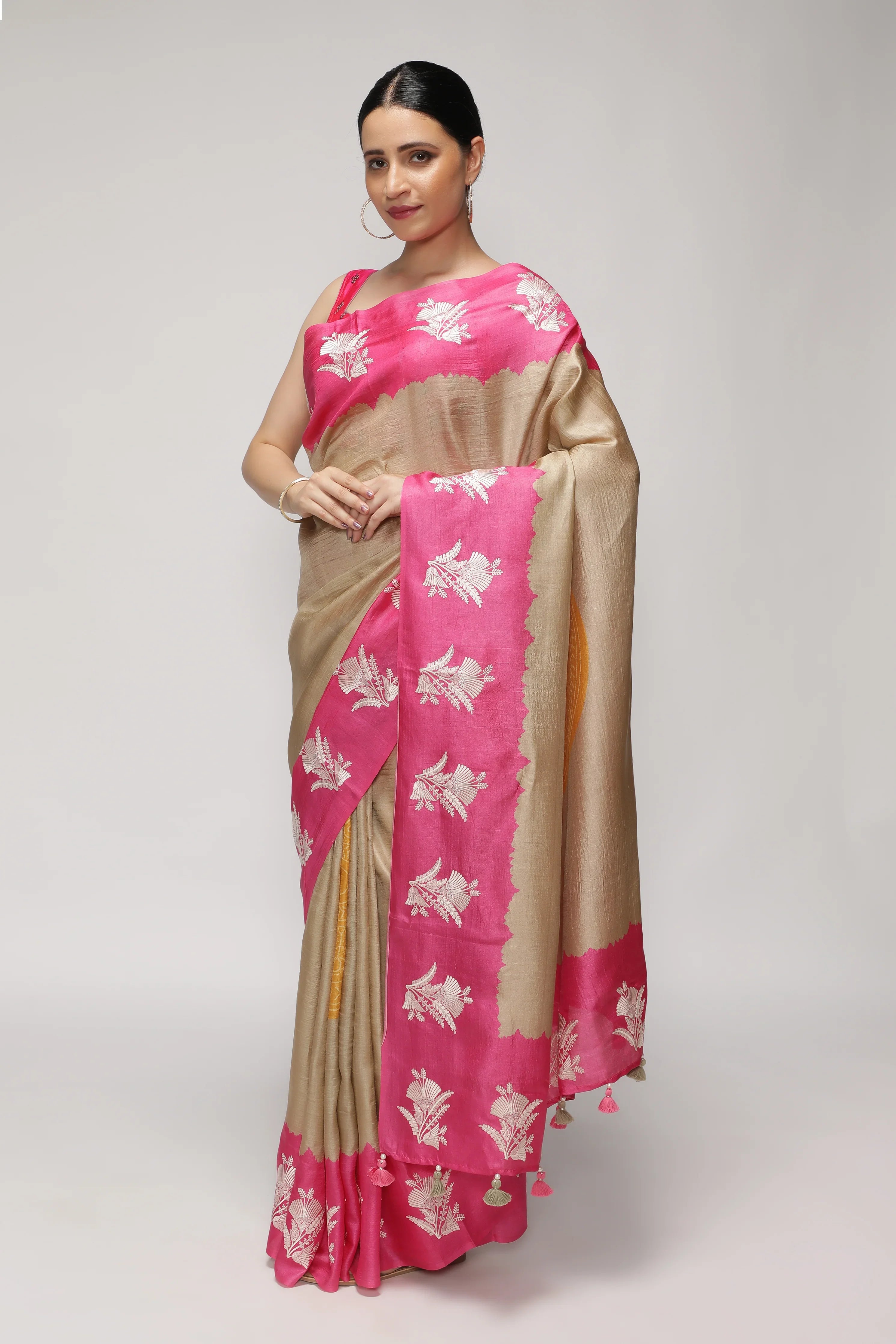 Chikoo and Pink Tussar Saree with Bandhani Print & Contrast Embroidery Border - Mokshaa