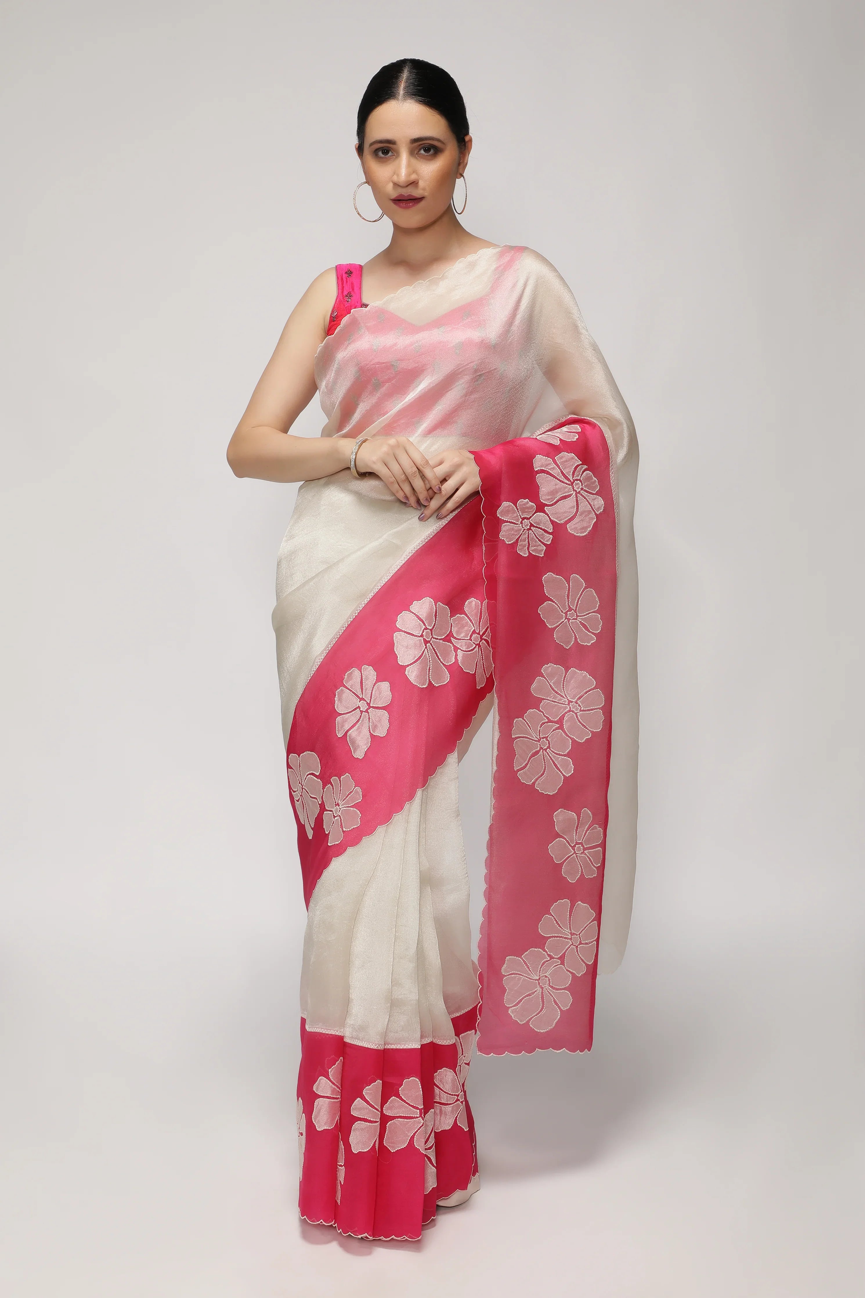 Silver Pink Tissue Saree with AppliquéWork Border - Mokshaa