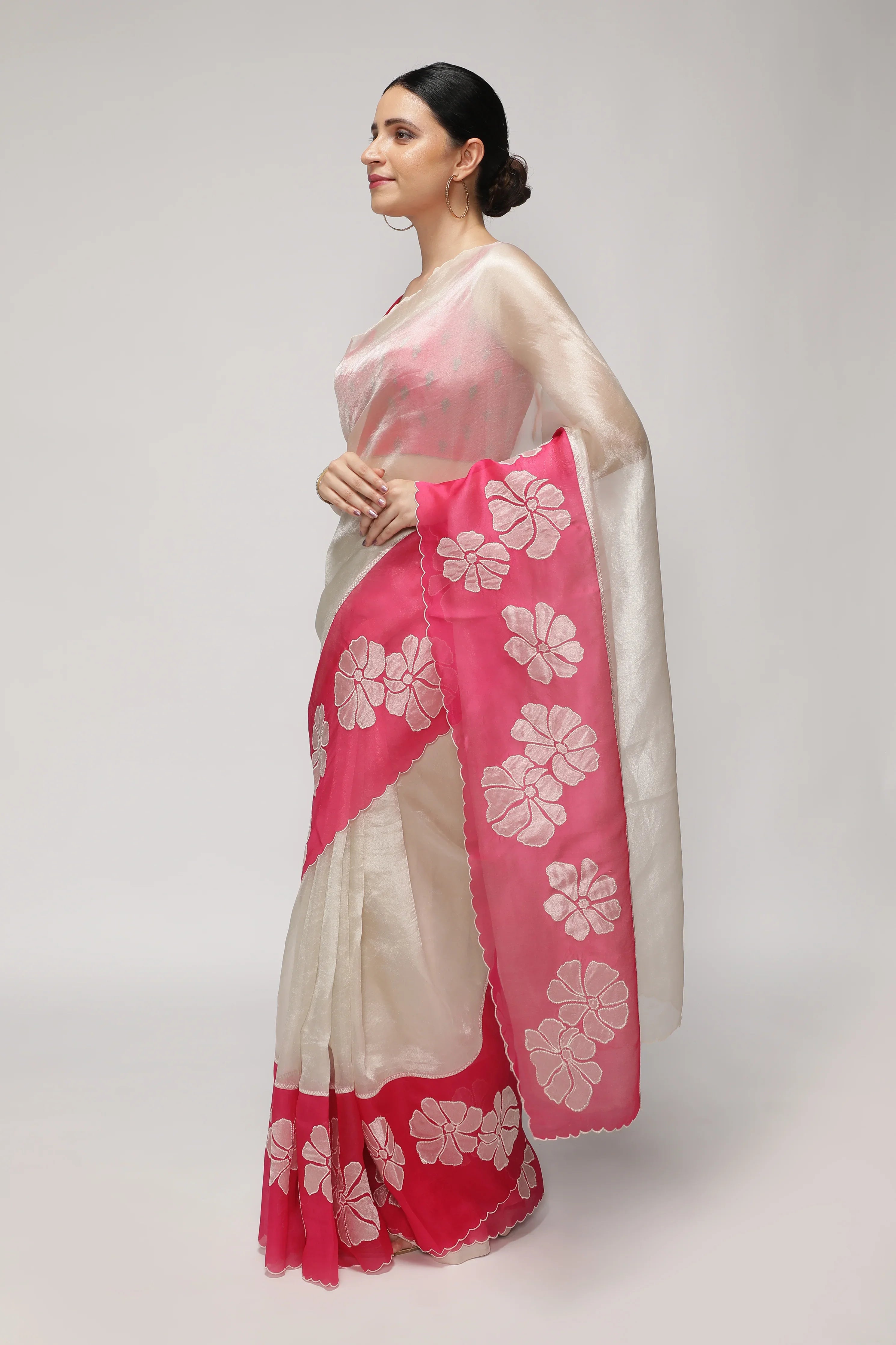 Silver Pink Tissue Saree with AppliquéWork Border - Mokshaa