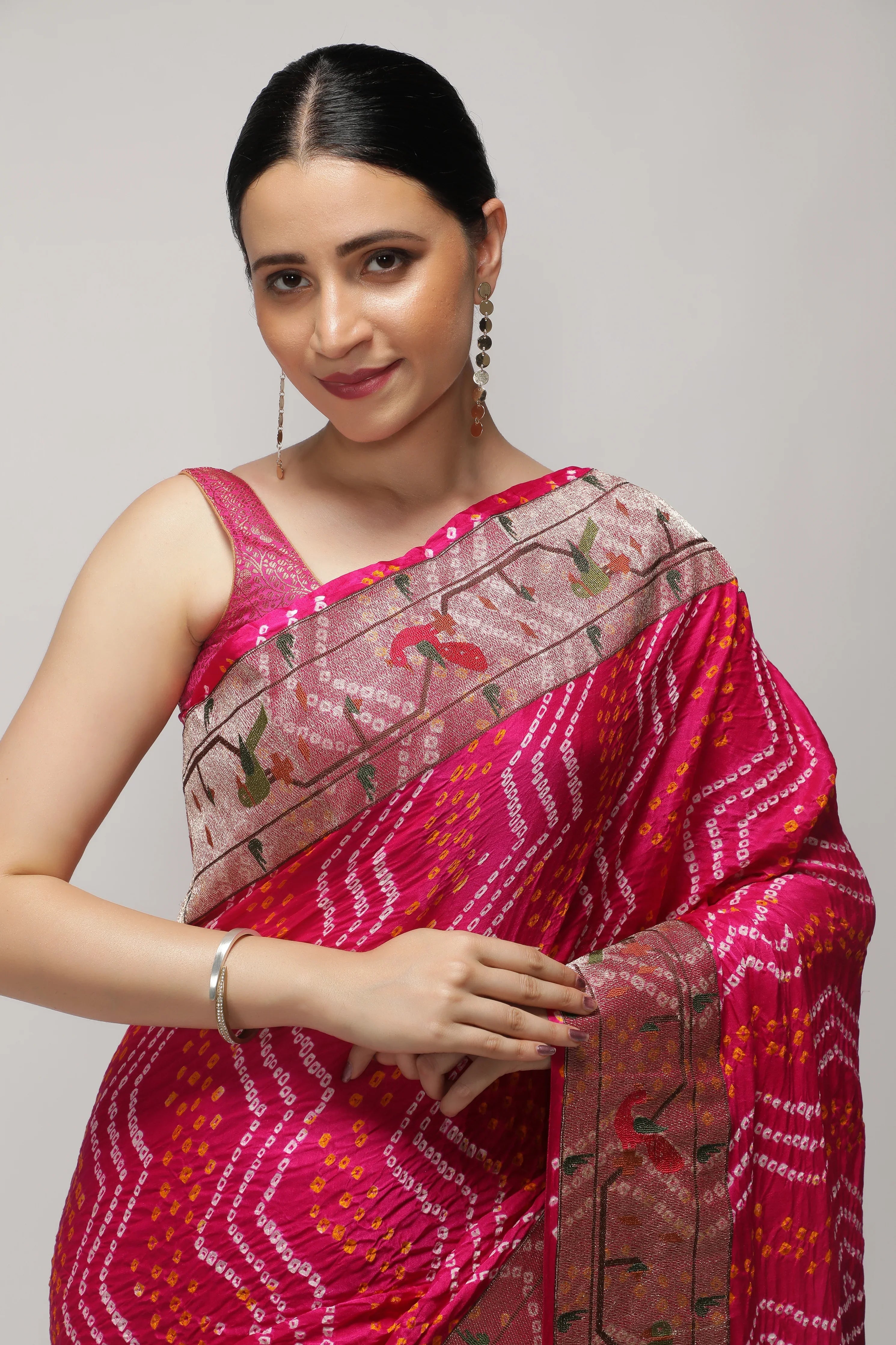 Shaded Rani Pink & Purple Bandni Saree with Paithani Border - Mokshaa