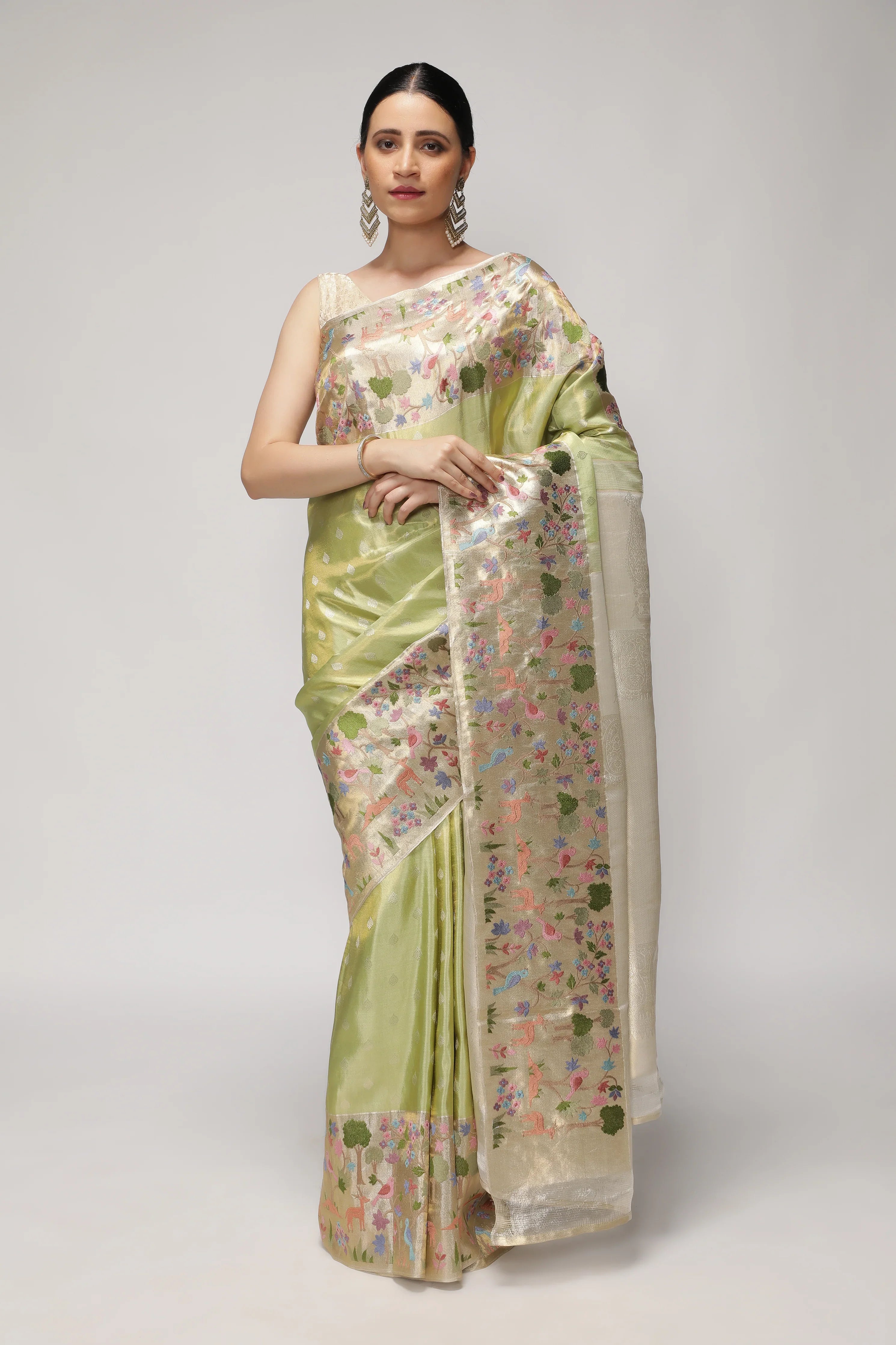 Green Kanchipuram Tissue Silk Saree with All-Over Zari Weaving and Contrast Embroidery Border - Mokshaa