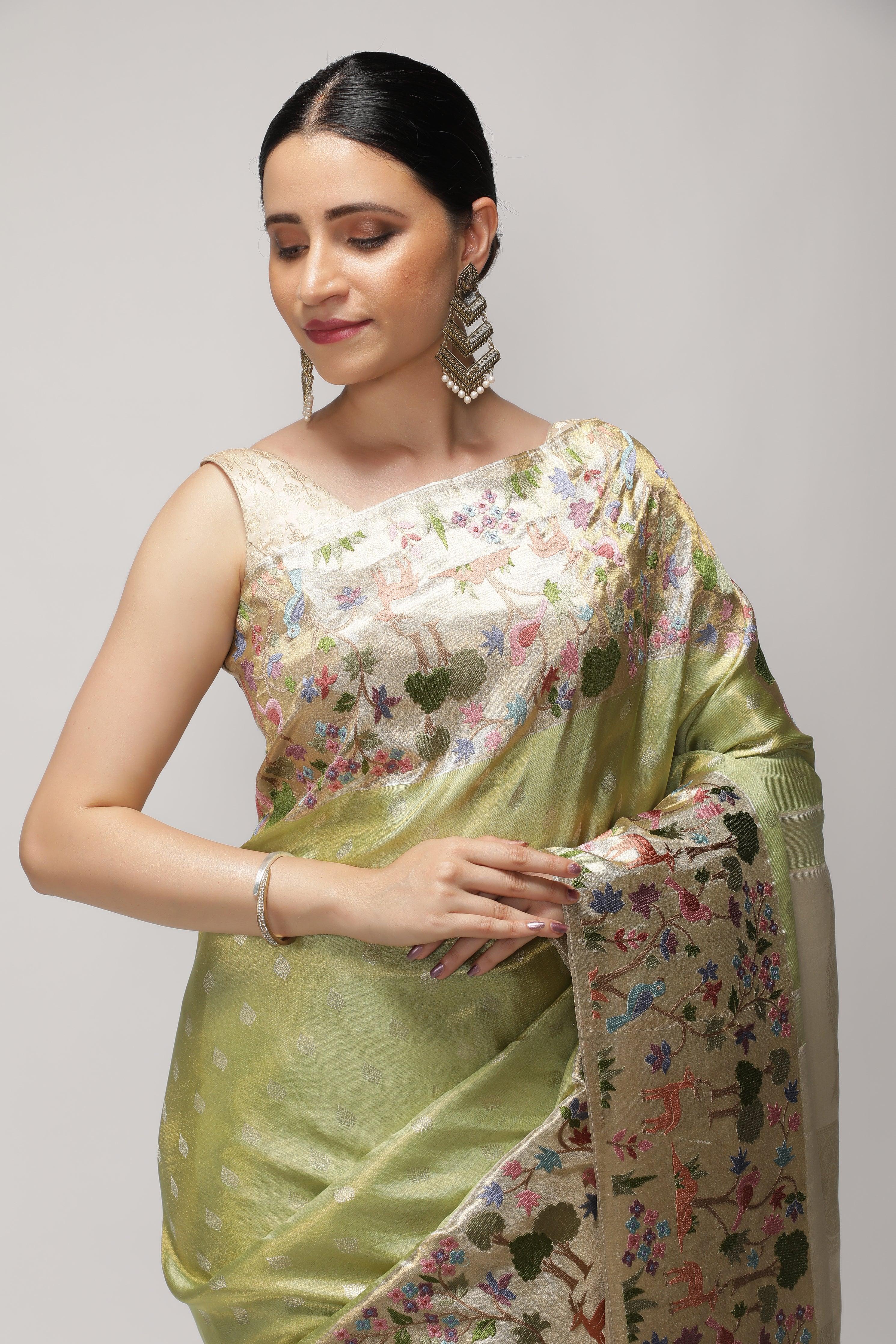 Green Kanchipuram Tissue Silk Saree with All-Over Zari Weaving and Contrast Embroidery Border - Mokshaa