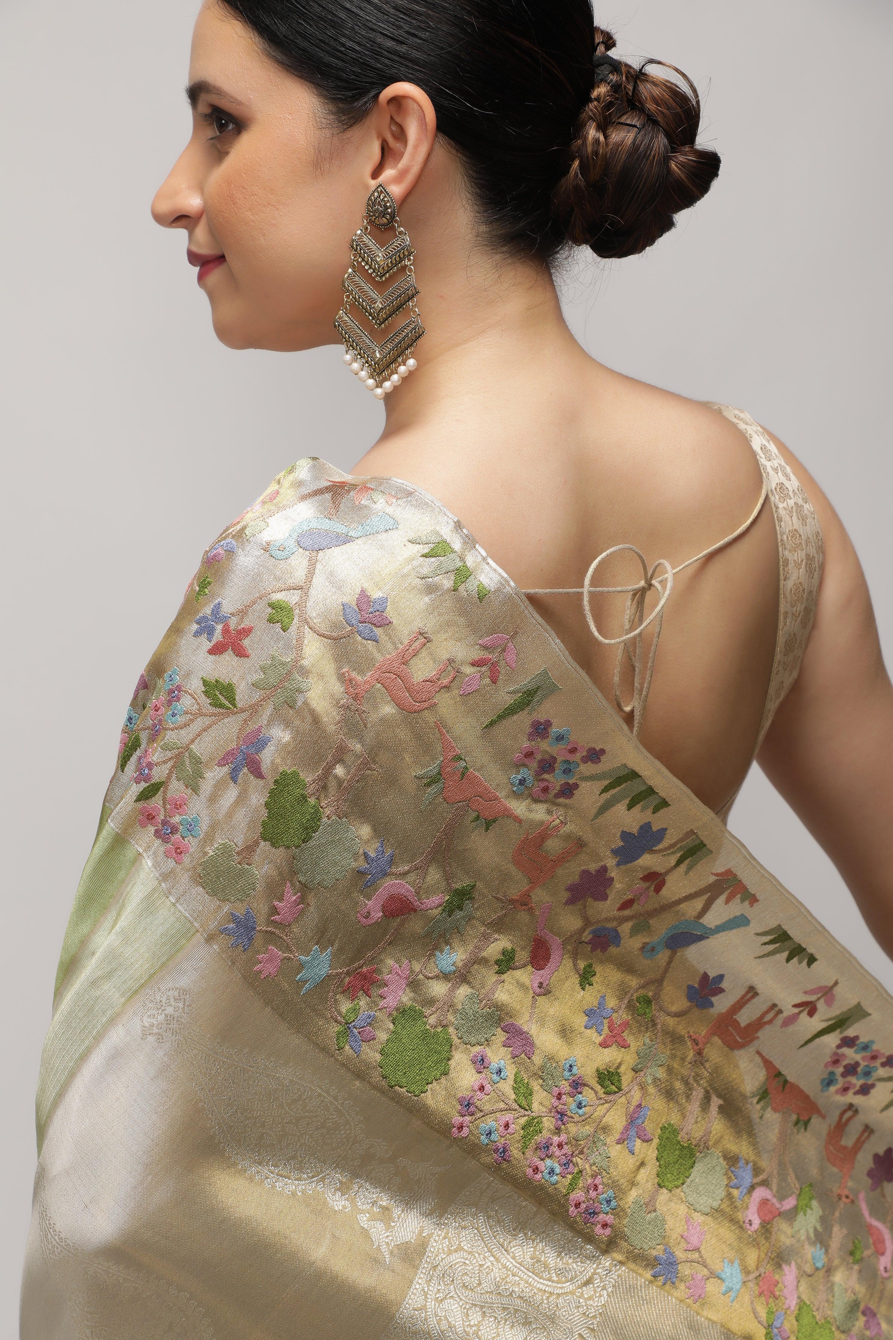 Green Kanchipuram Tissue Silk Saree with All-Over Zari Weaving and Contrast Embroidery Border - Mokshaa