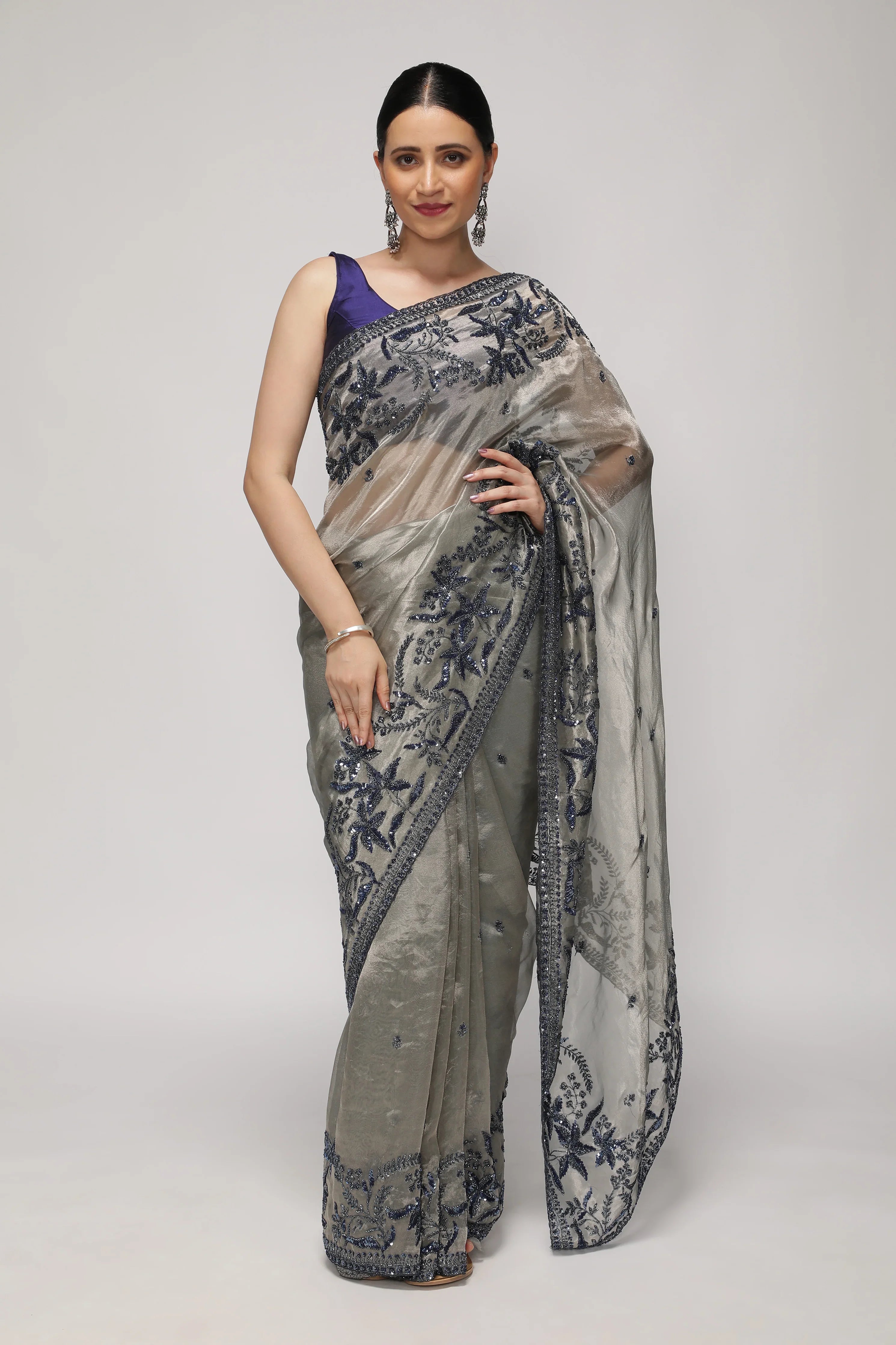 Muted Silver Tissue Saree with Blue Sequin & Bead Embroidery - Mokshaa
