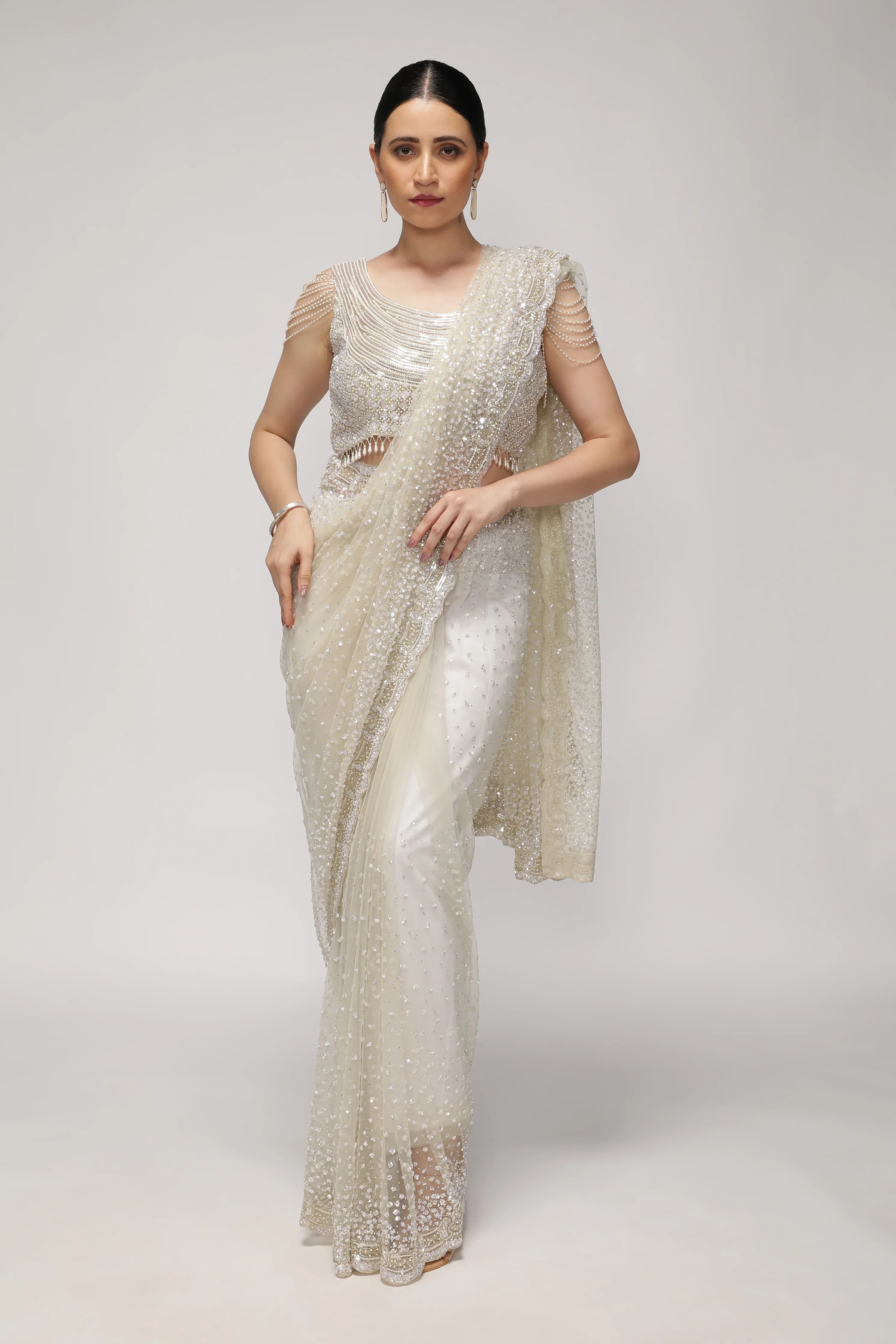 White Net Saree with All-Over Sequin & Pearl Scallop Border - Mokshaa
