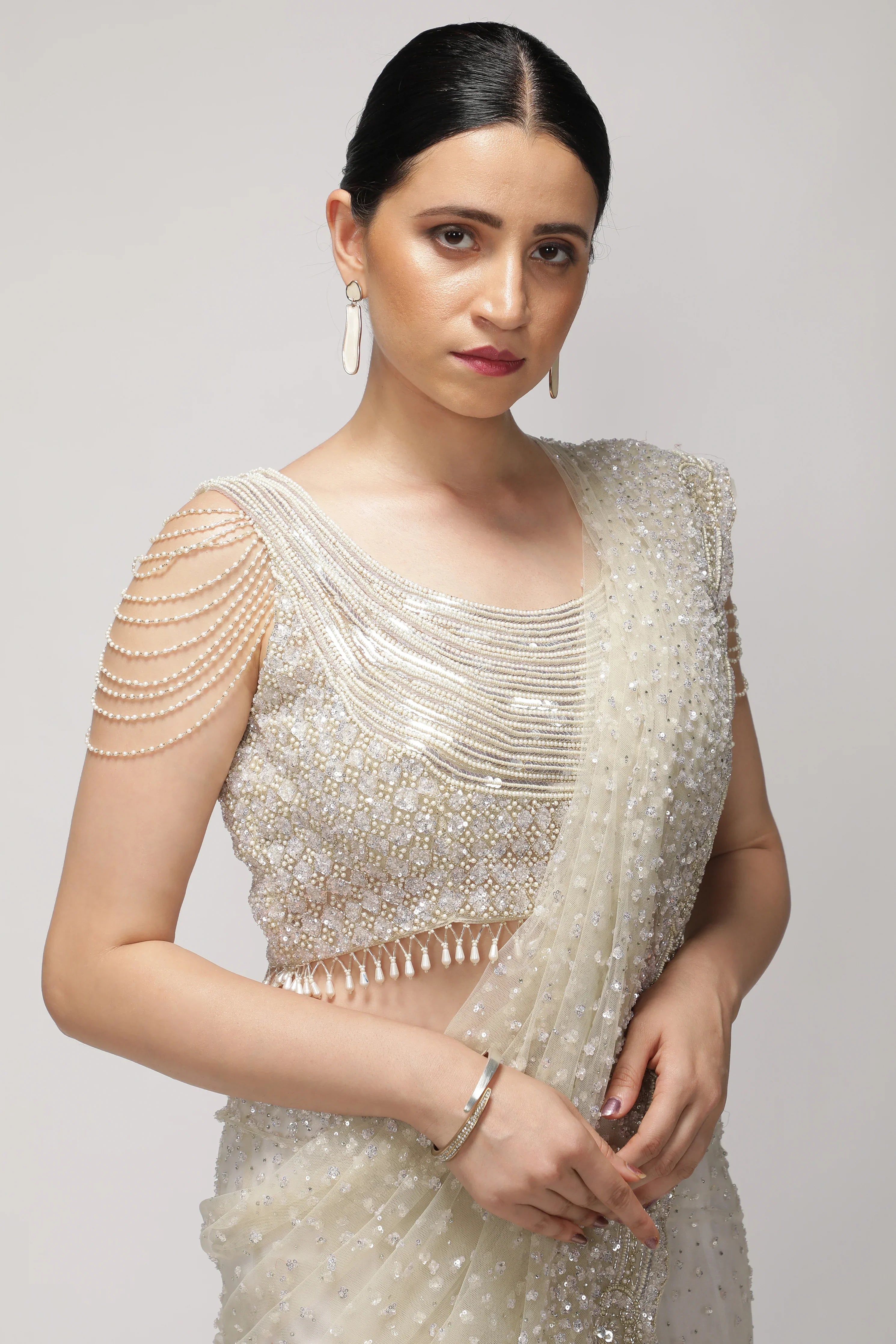 White Net Saree with All-Over Sequin & Pearl Scallop Border - Mokshaa