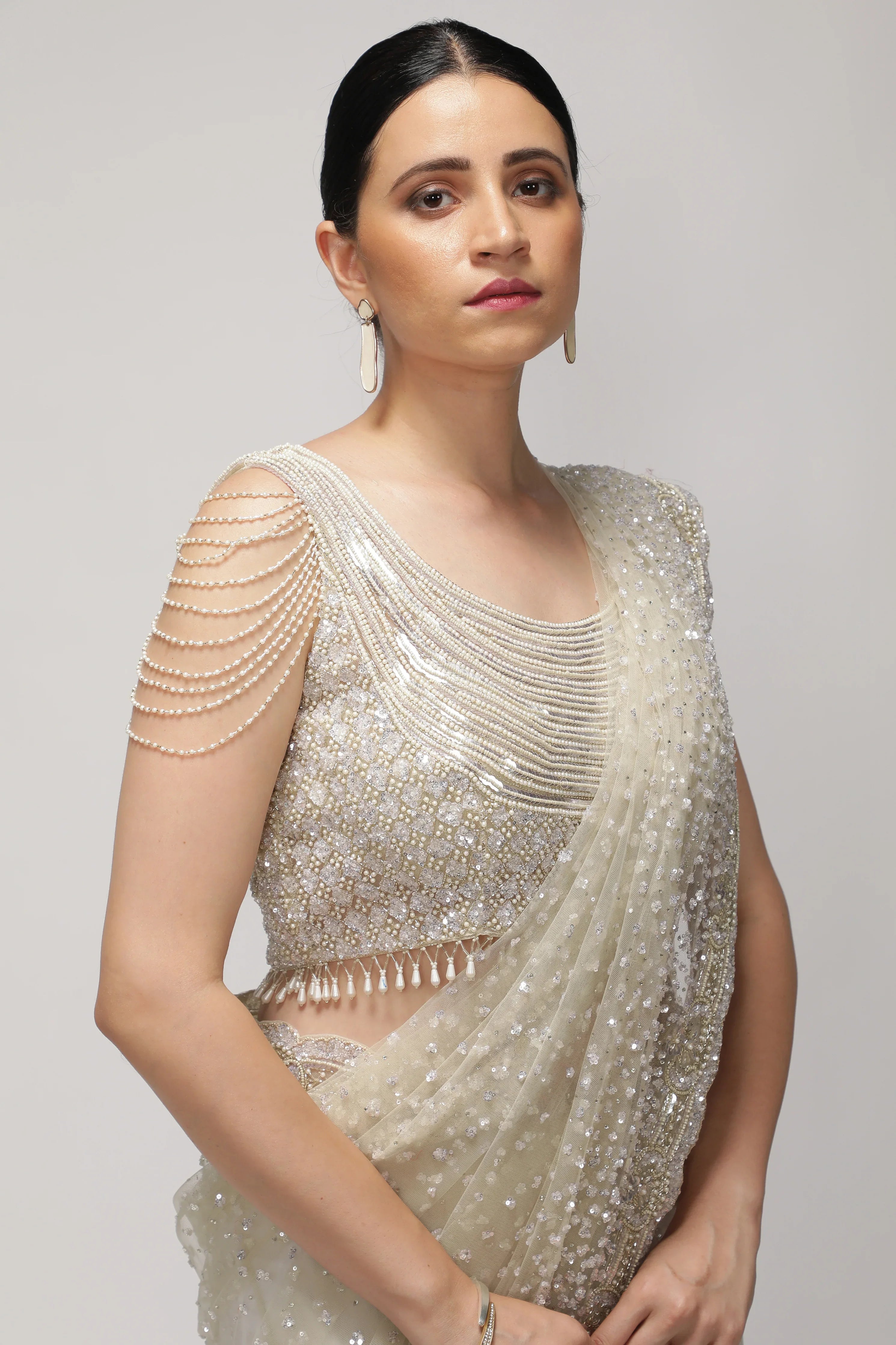 White Net Saree with All-Over Sequin & Pearl Scallop Border - Mokshaa