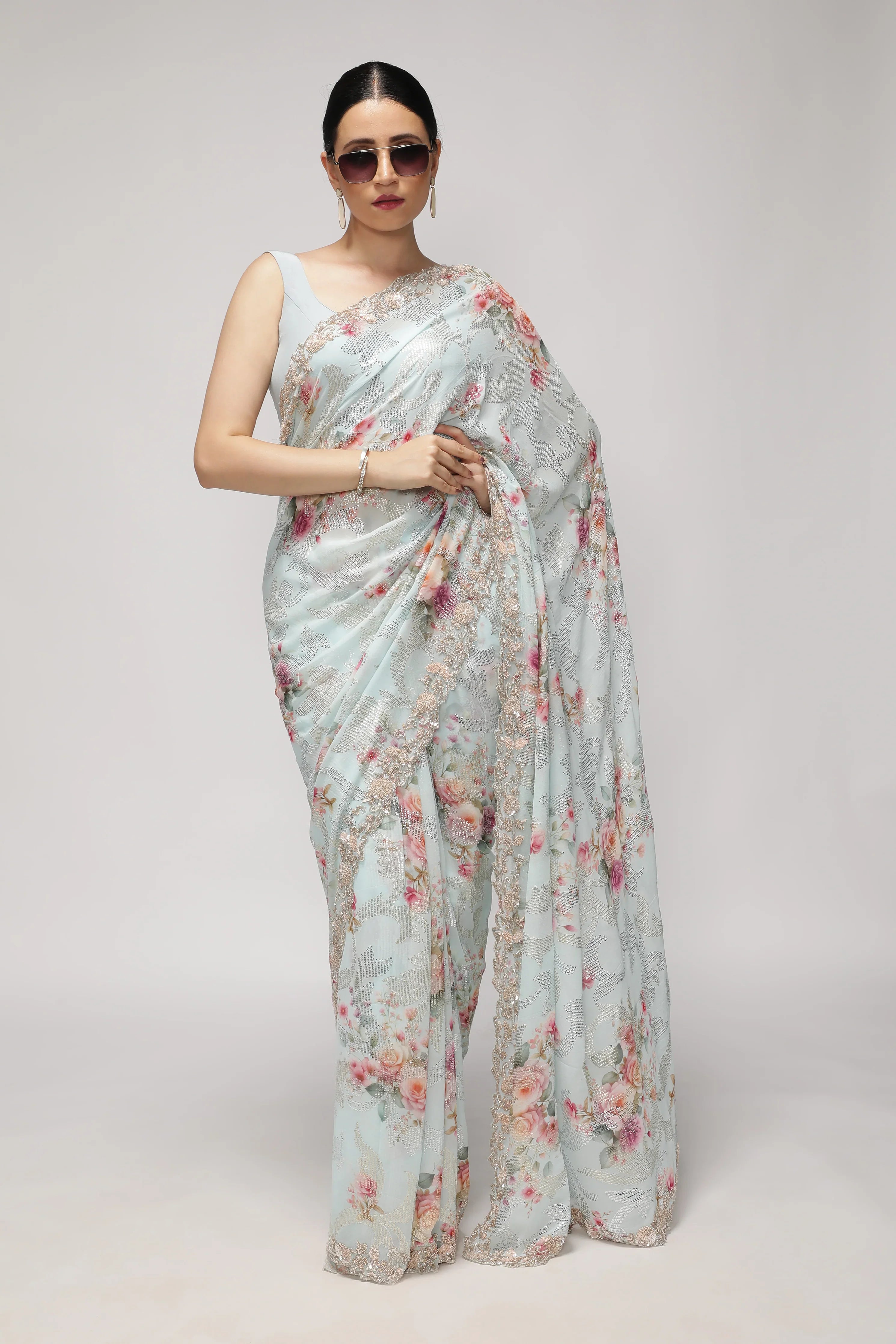 Sky Blue Georgette Saree with All-Over Print, Sequins & Scallop Border - Mokshaa