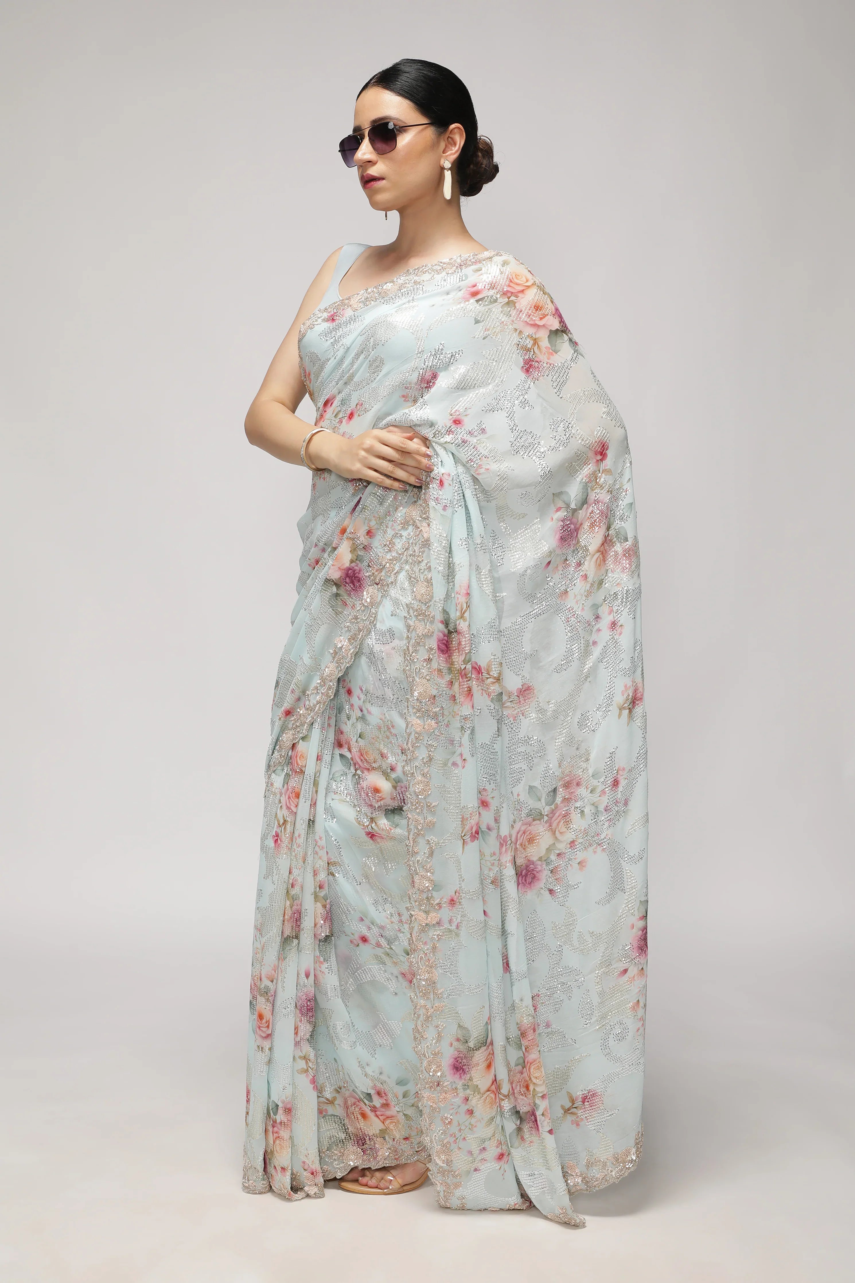 Sky Blue Georgette Saree with All-Over Print, Sequins & Scallop Border - Mokshaa