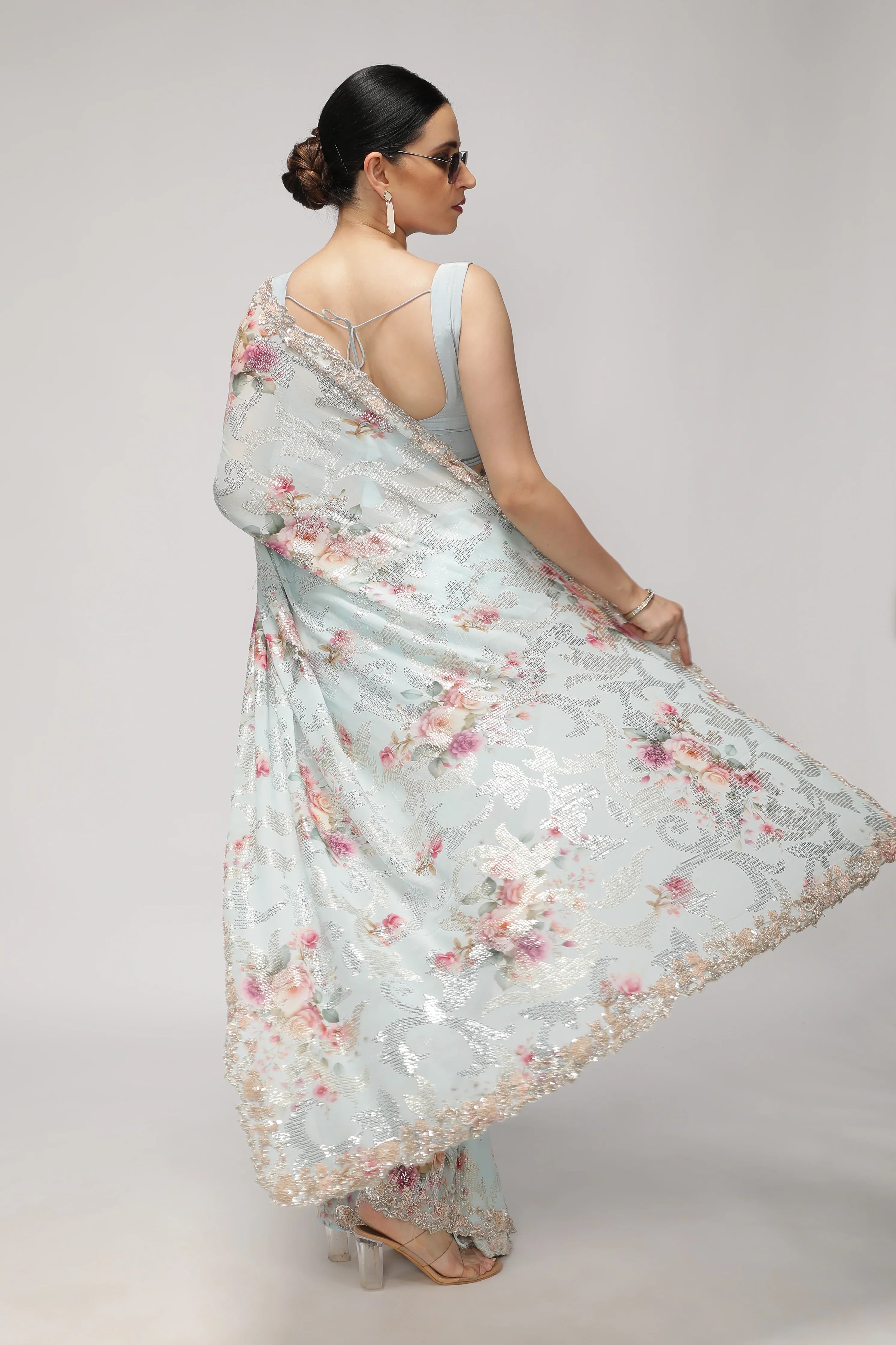 Sky Blue Georgette Saree with All-Over Print, Sequins & Scallop Border - Mokshaa