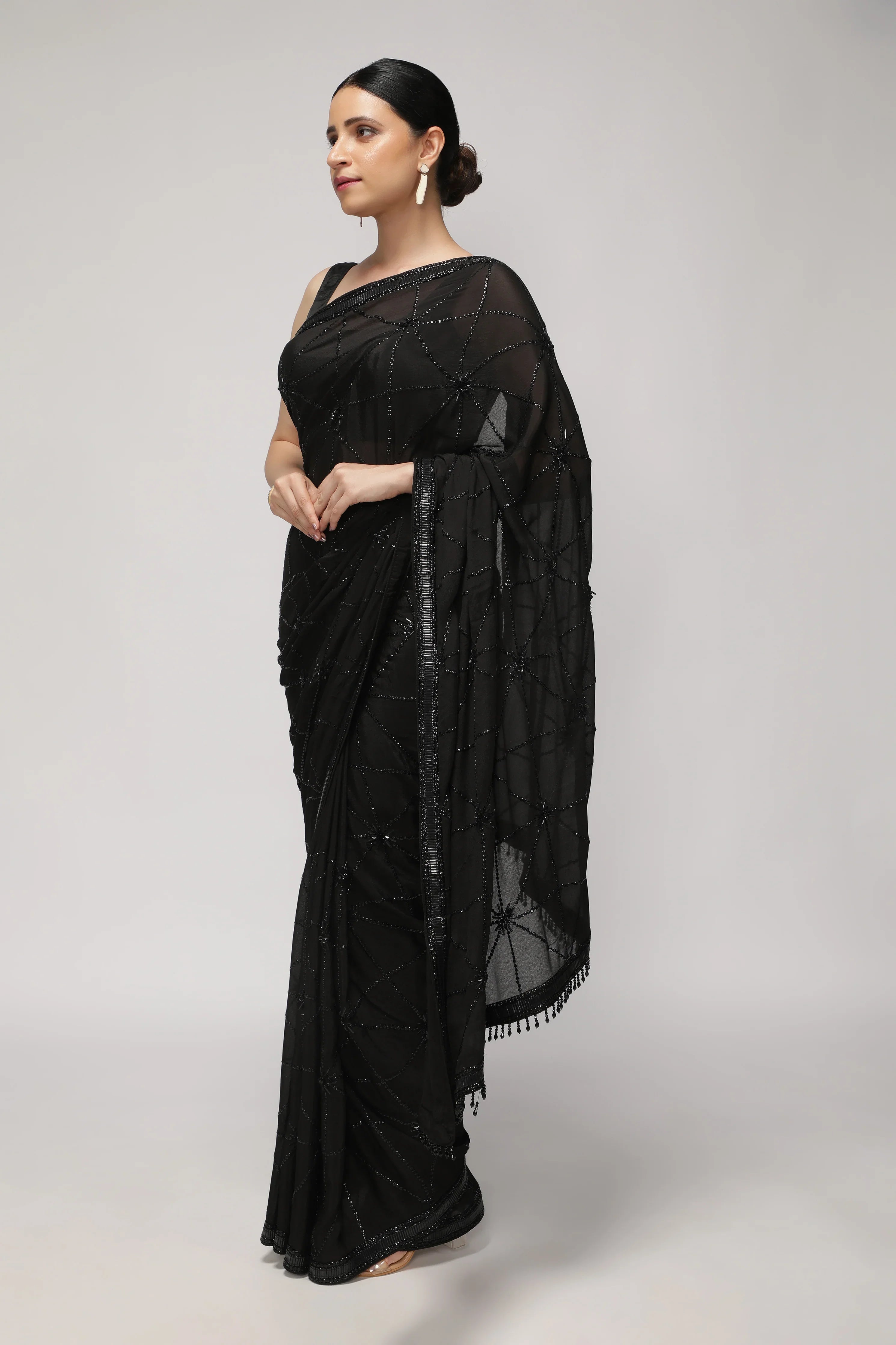 Black Crepe Chiffon Saree with All-Over Sequin Work - Mokshaa