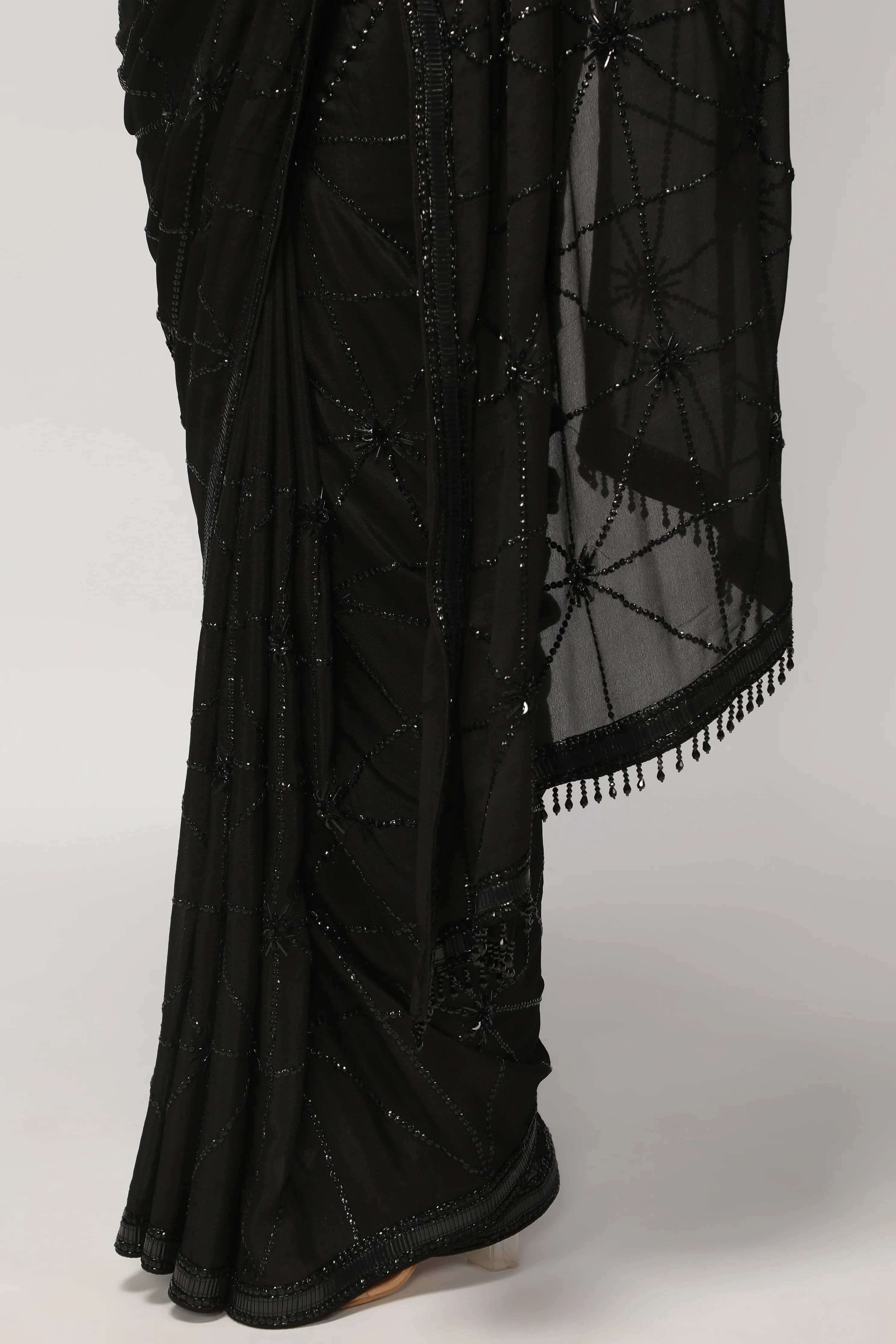 Black Crepe Chiffon Saree with All-Over Sequin Work - Mokshaa