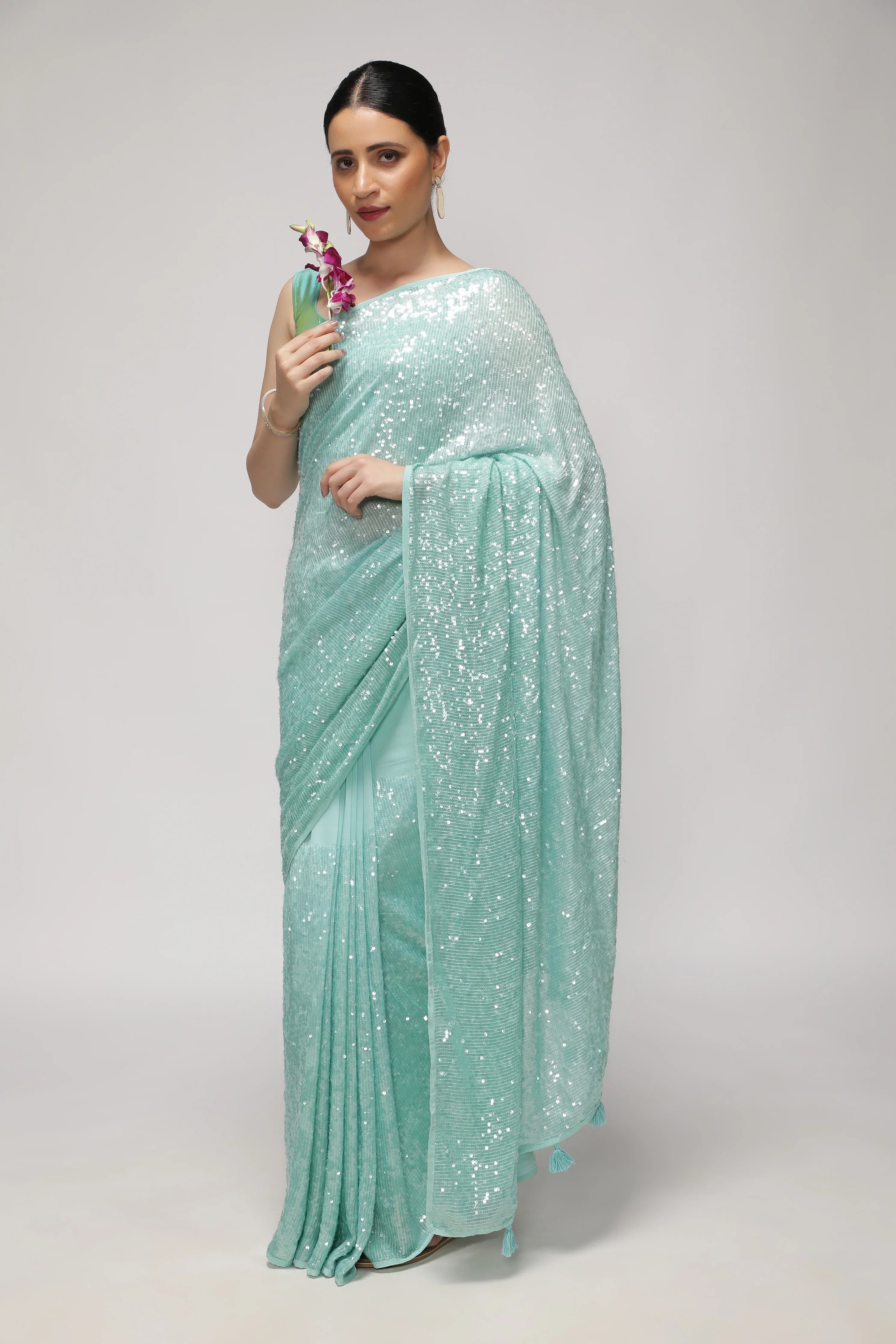 Aqua Blue Georgette Saree with Self Sequins & Thread Work - Mokshaa