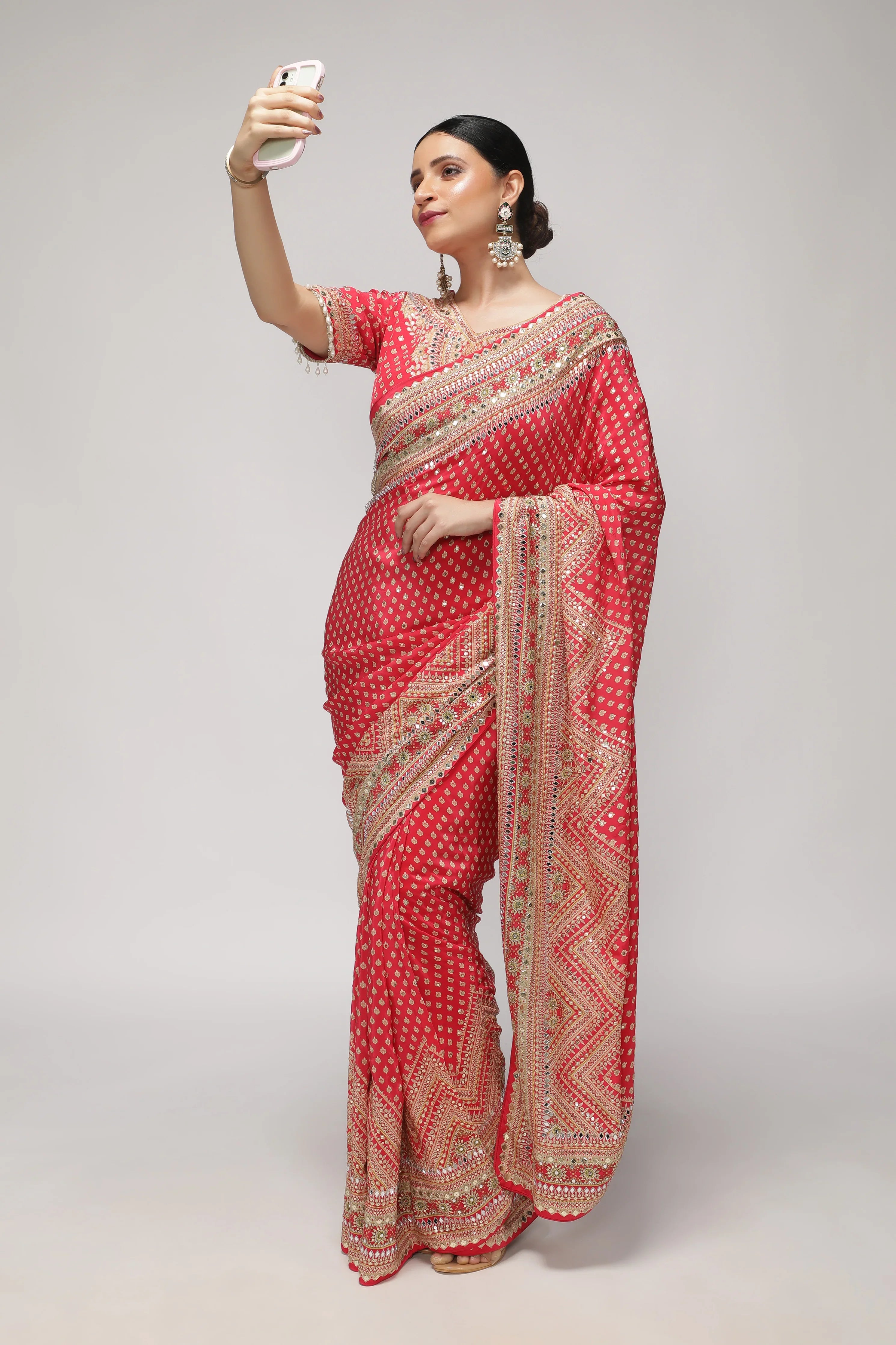 Maroonish Red Satin Silk Saree with All-Over Print, Sequin & Mirror Work - Mokshaa
