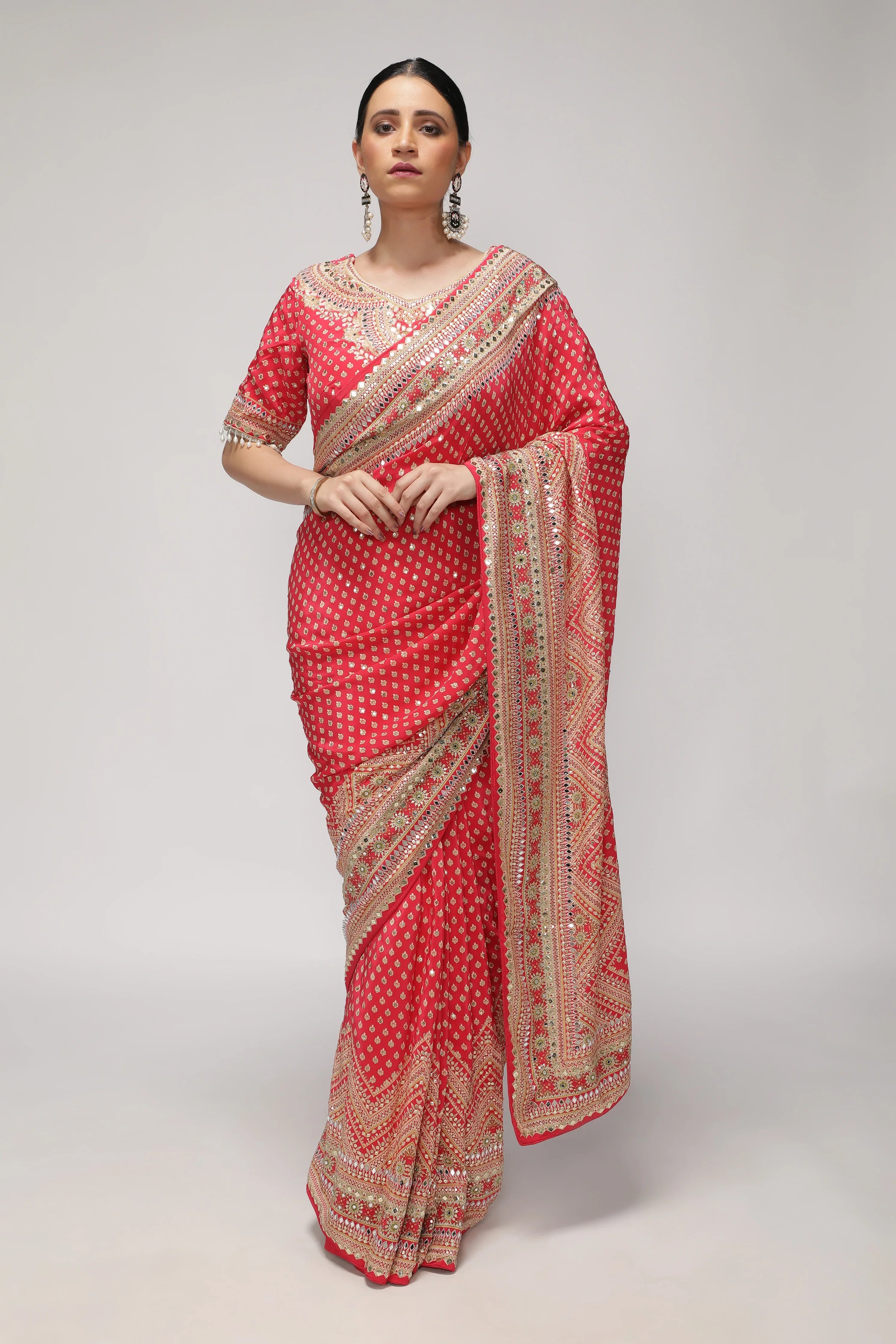 Maroonish Red Satin Silk Saree with All-Over Print, Sequin & Mirror Work - Mokshaa