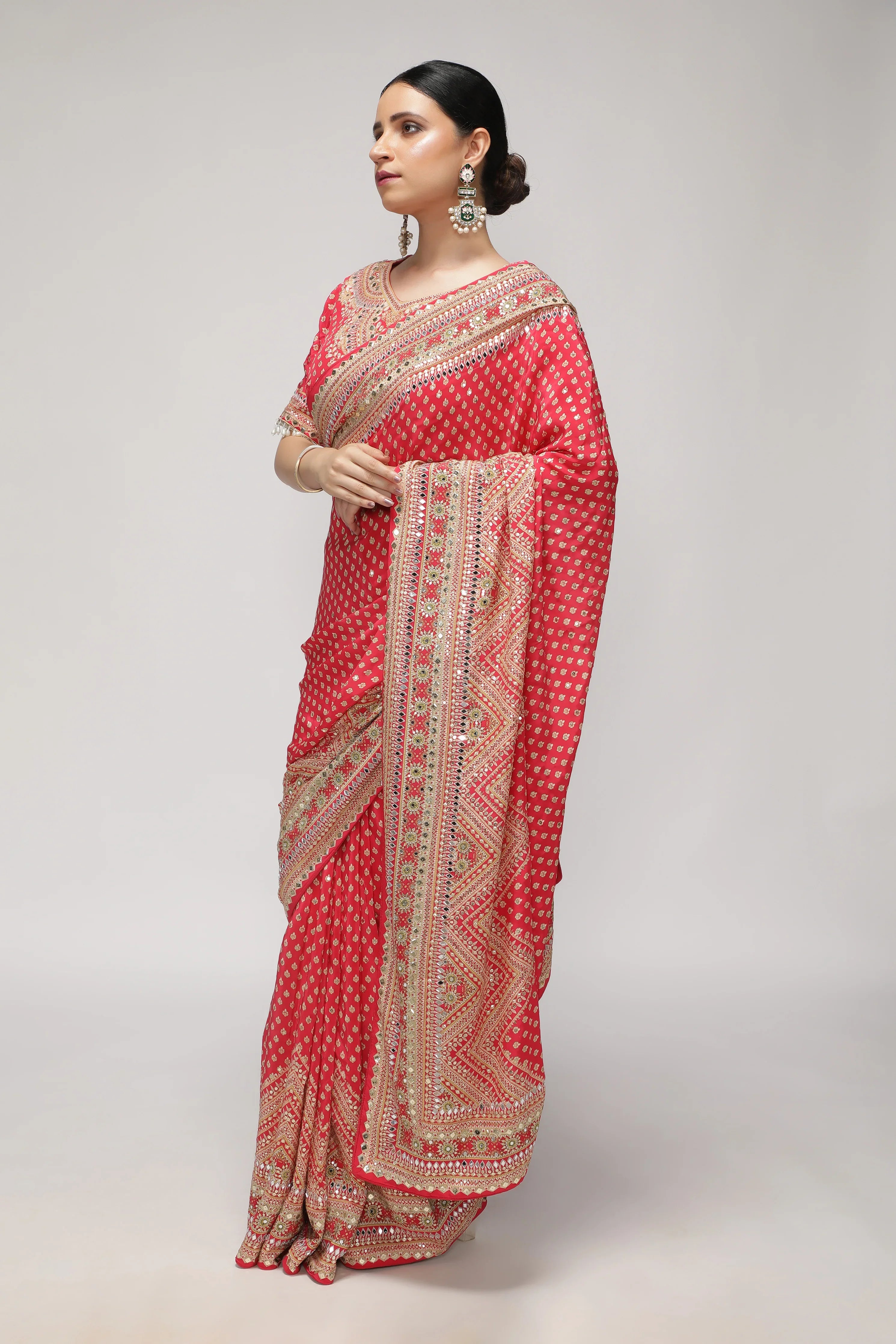 Maroonish Red Satin Silk Saree with All-Over Print, Sequin & Mirror Work - Mokshaa