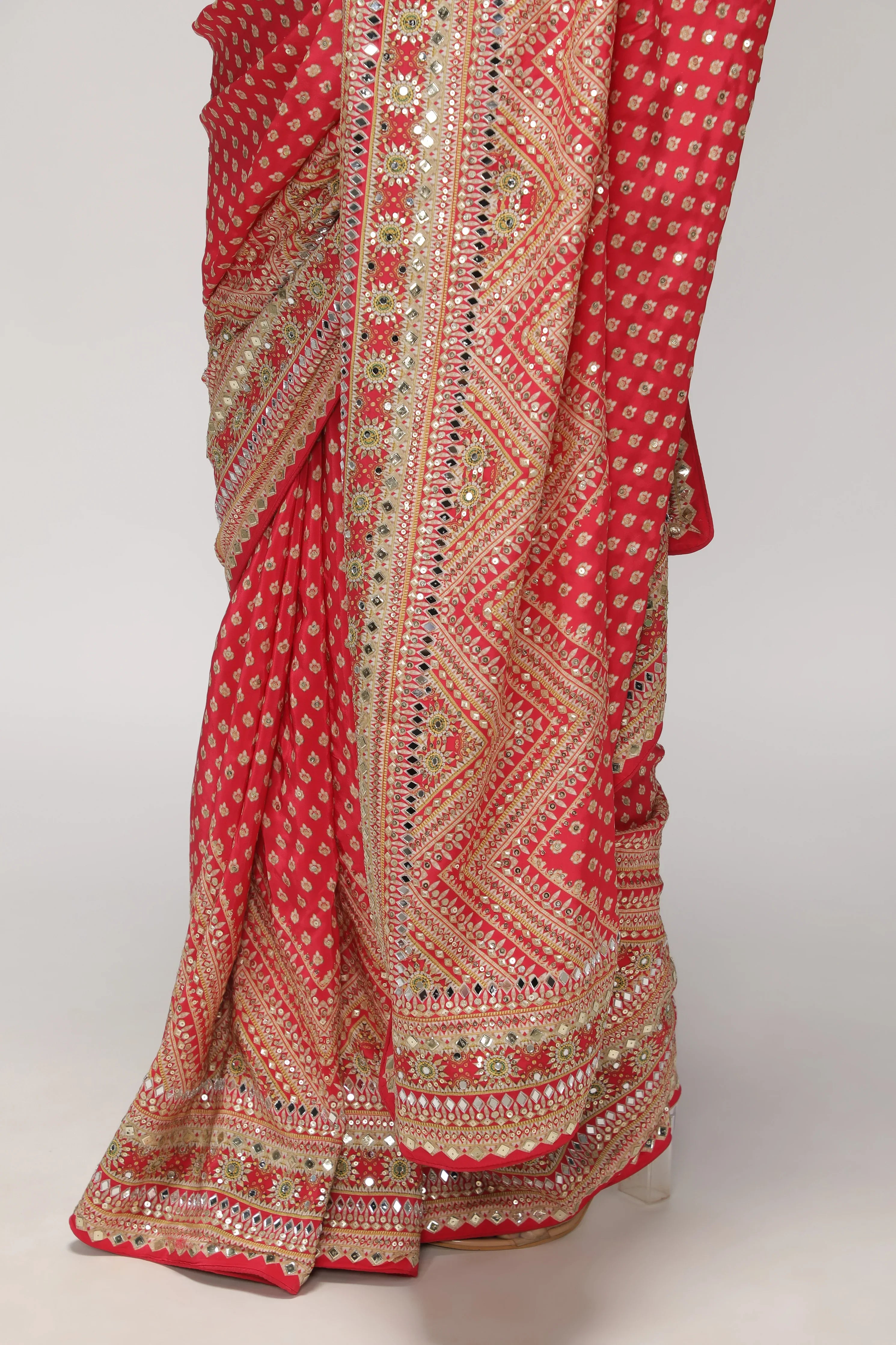 Maroonish Red Satin Silk Saree with All-Over Print, Sequin & Mirror Work - Mokshaa