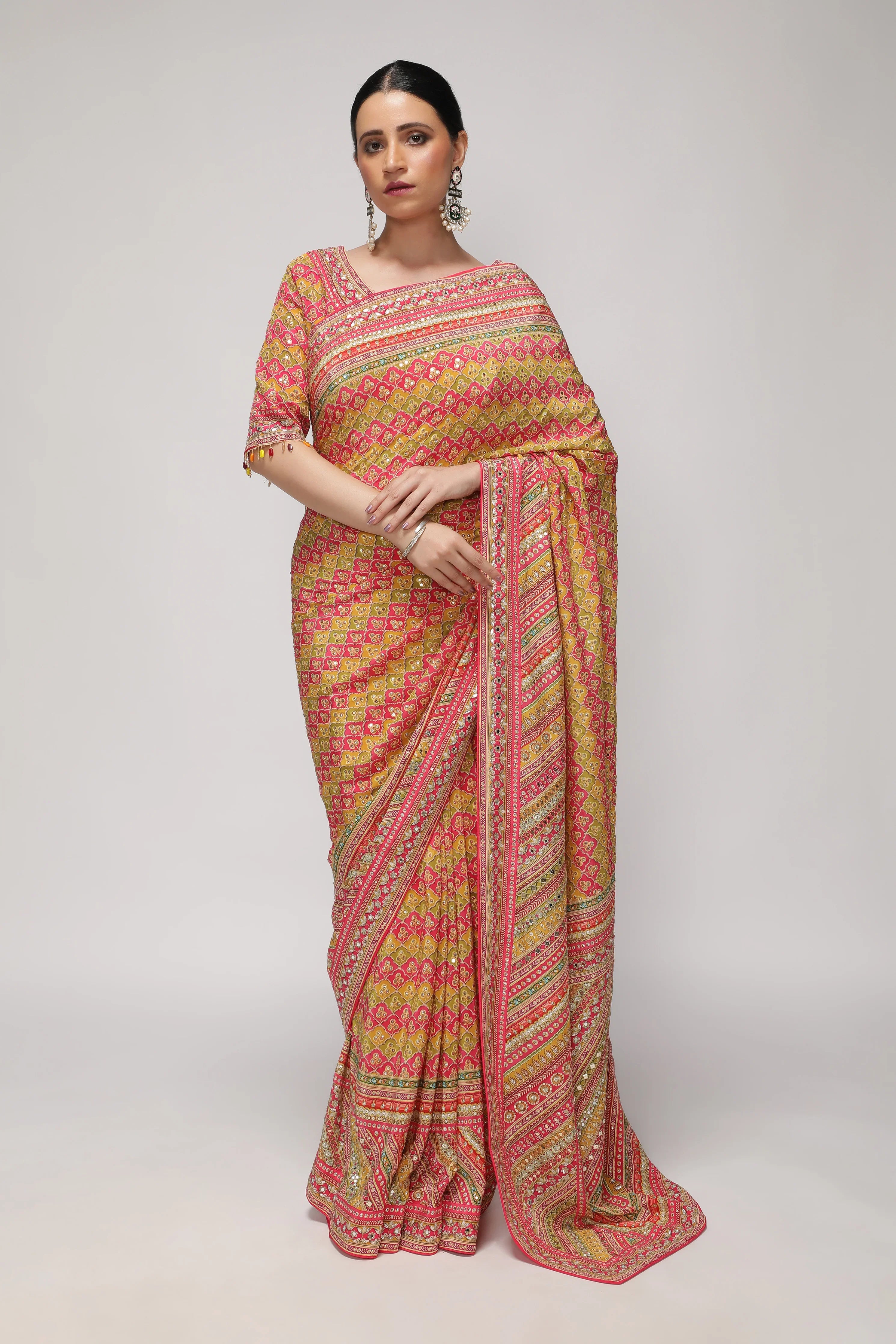 Multicolor Satin Silk Saree with All-Over Print & Sequin Embellishments - Mokshaa