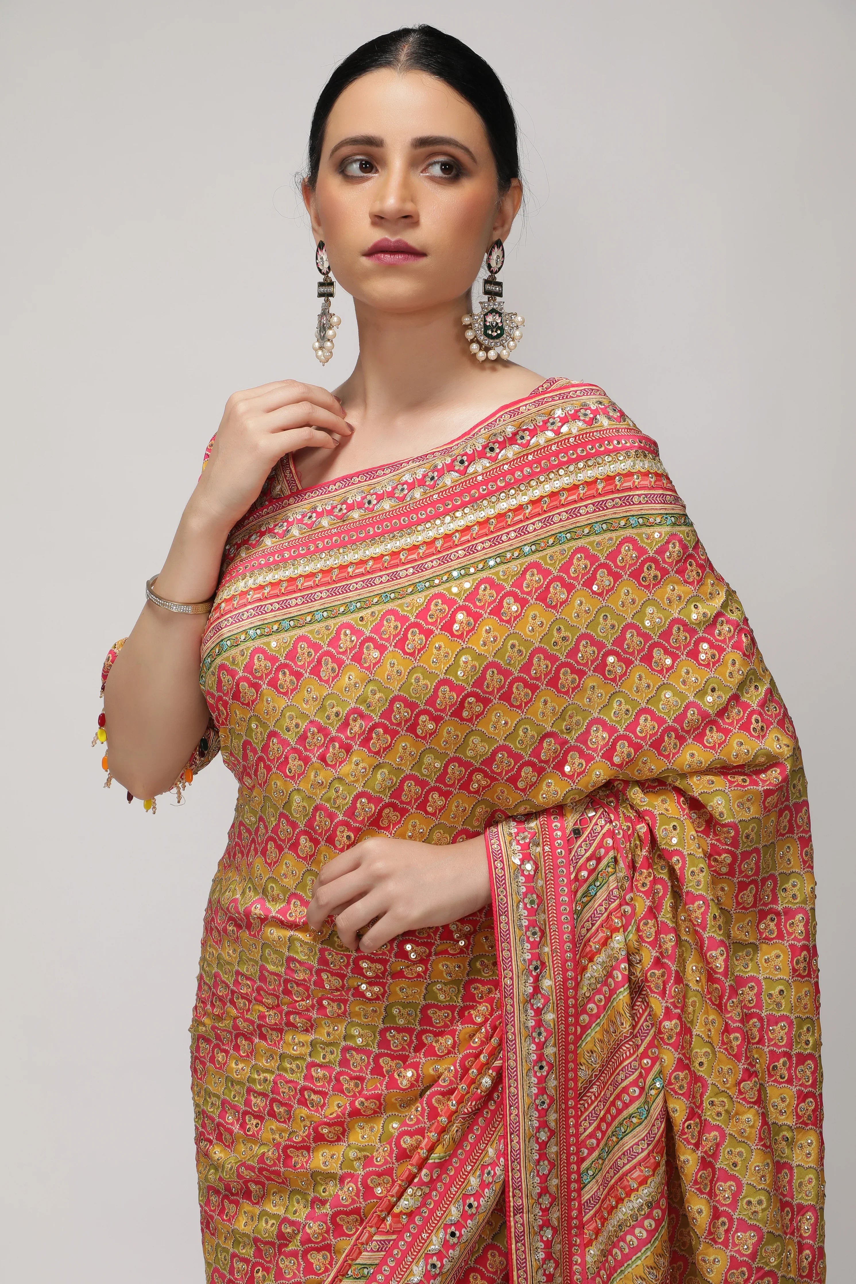 Multicolor Satin Silk Saree with All-Over Print & Sequin Embellishments - Mokshaa