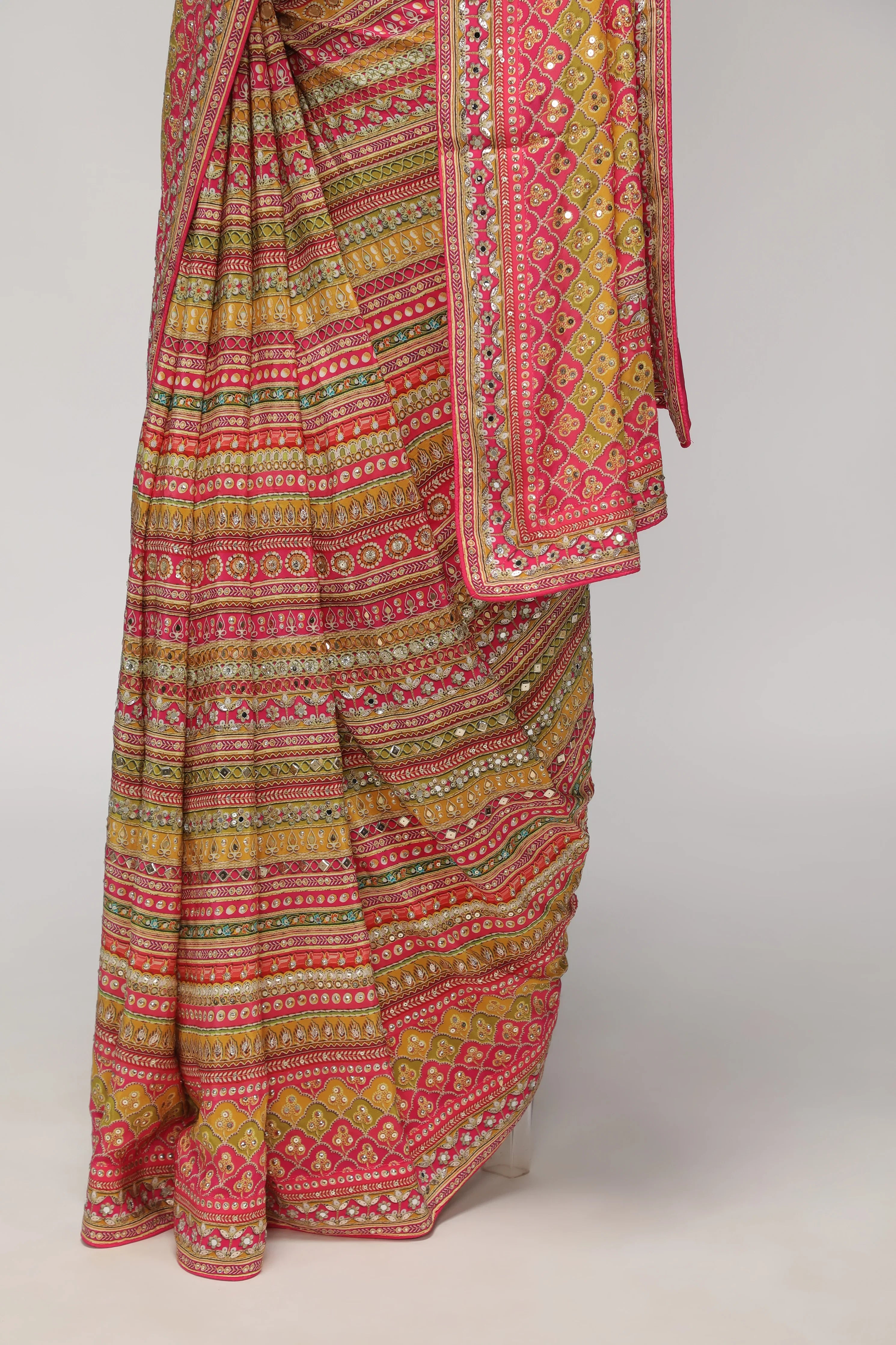 Multicolor Satin Silk Saree with All-Over Print, Sequin & Mirror Work - Mokshaa