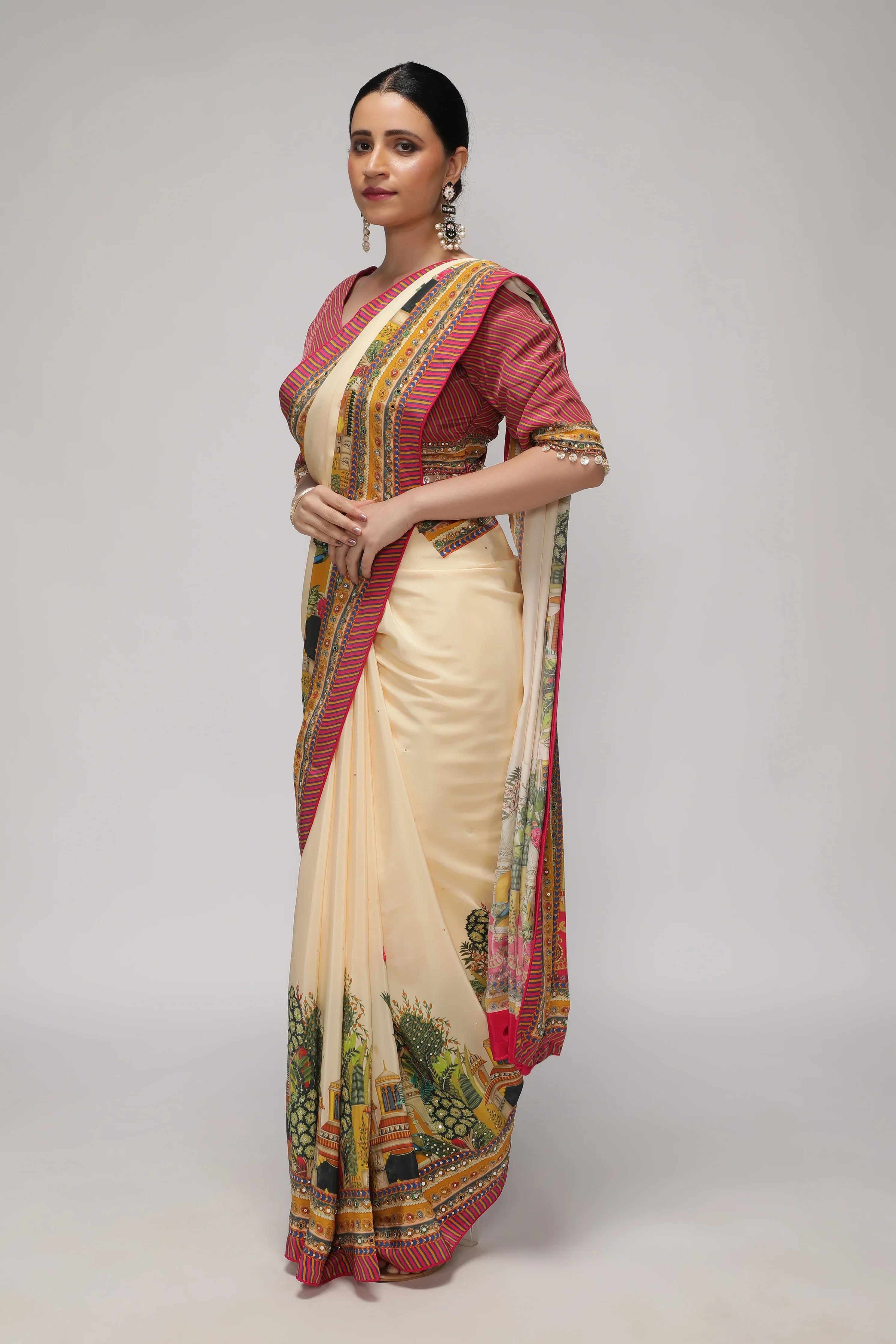 Cream Satin Silk Saree with Multicolor Printed Border - Mokshaa