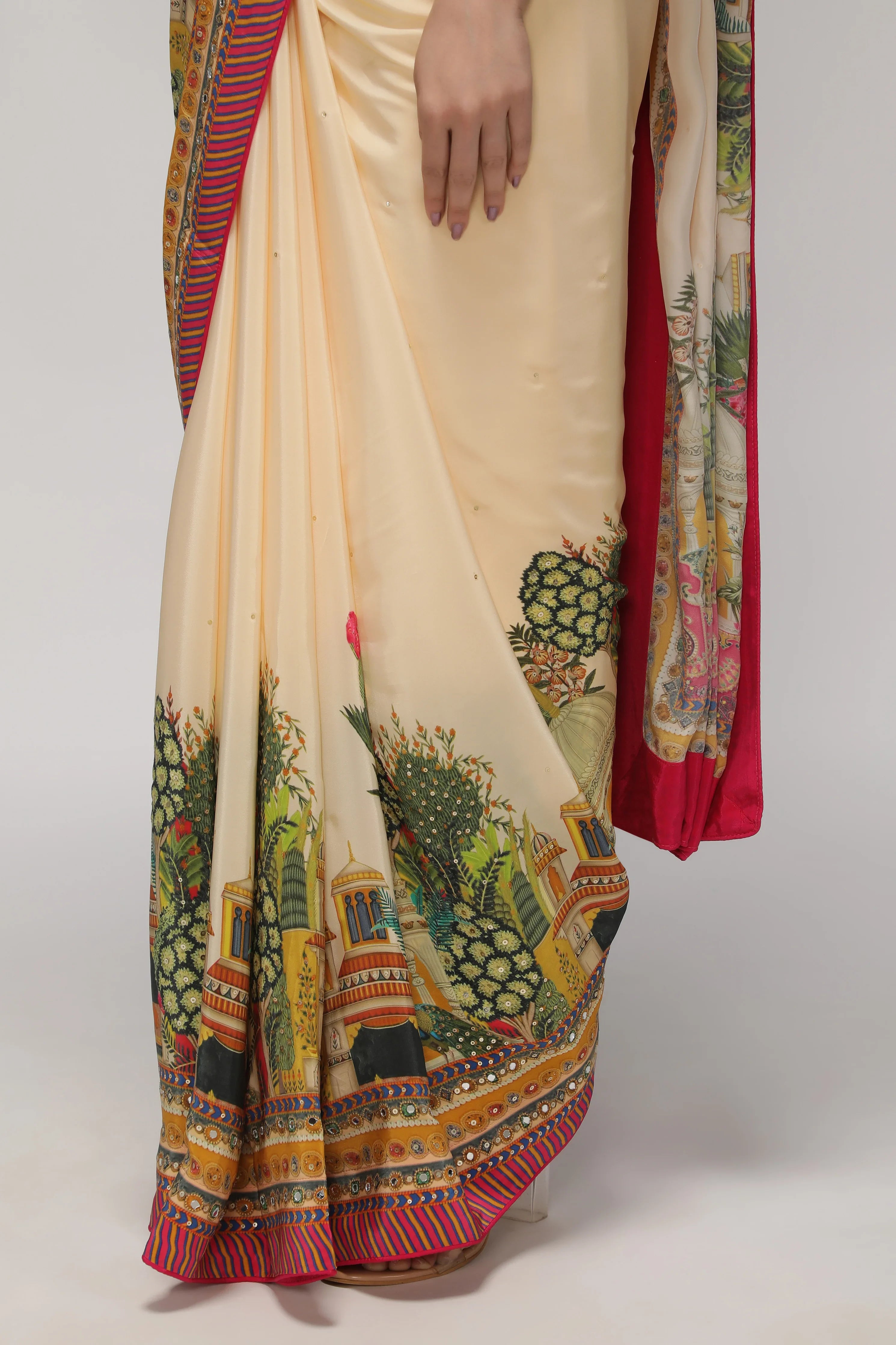 Cream Satin Silk Saree with Multicolor Printed Border - Mokshaa