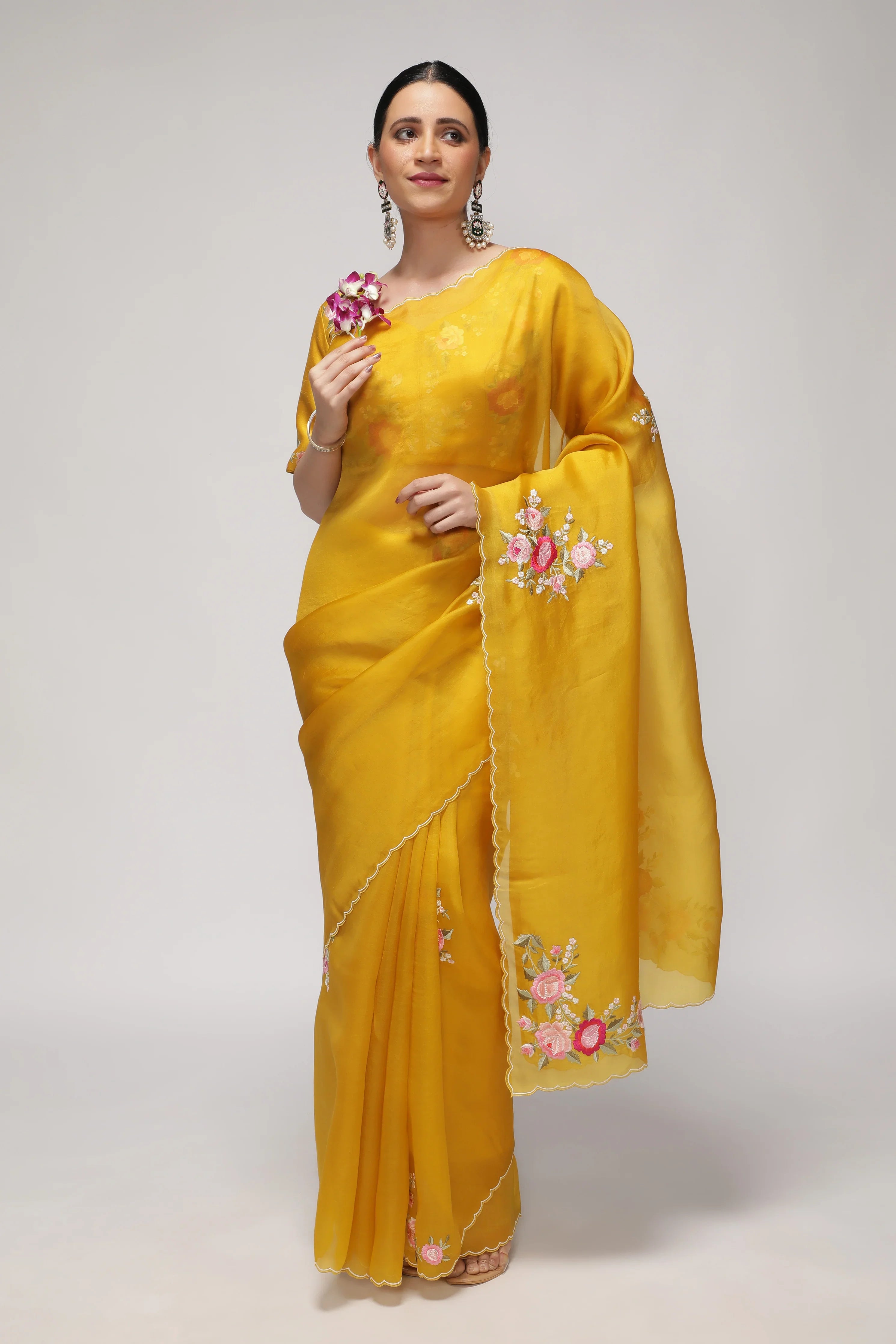 Mustard Yellow Organza Saree with Multi-Floral Embroidery Motifs - Mokshaa