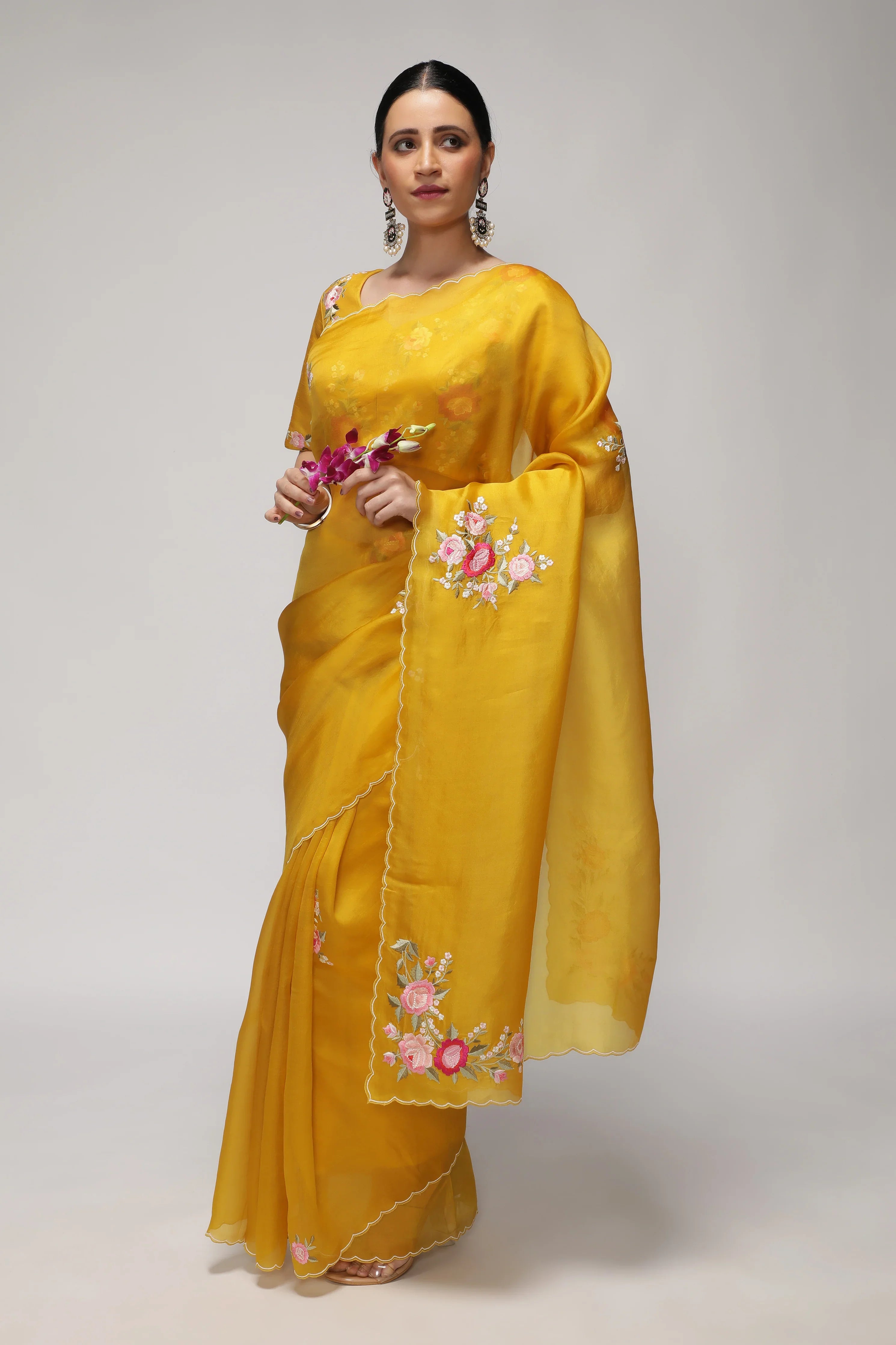 Mustard Yellow Organza Saree with Multi-Floral Embroidery Motifs - Mokshaa