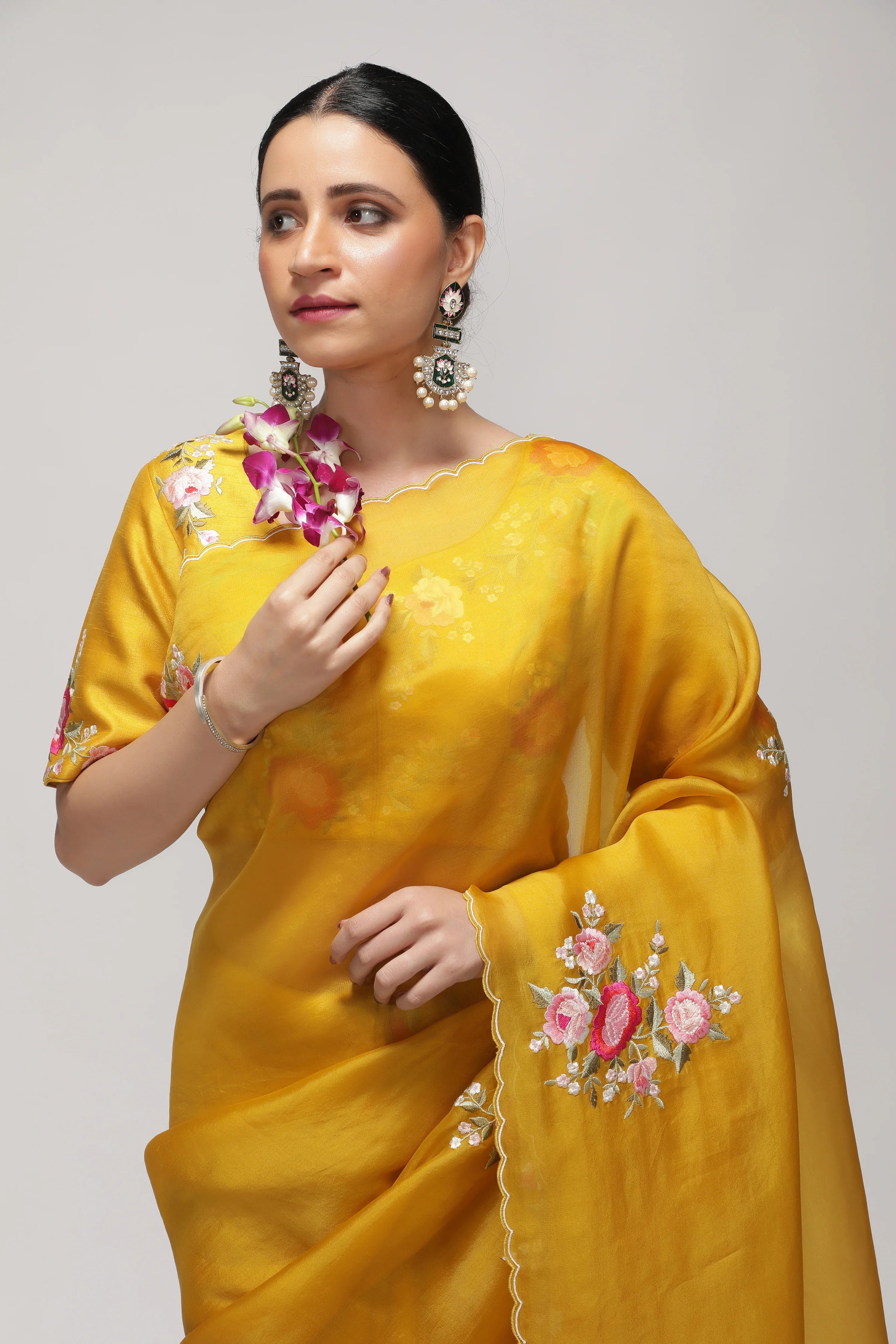 Mustard Yellow Organza Saree with Multi-Floral Embroidery Motifs - Mokshaa