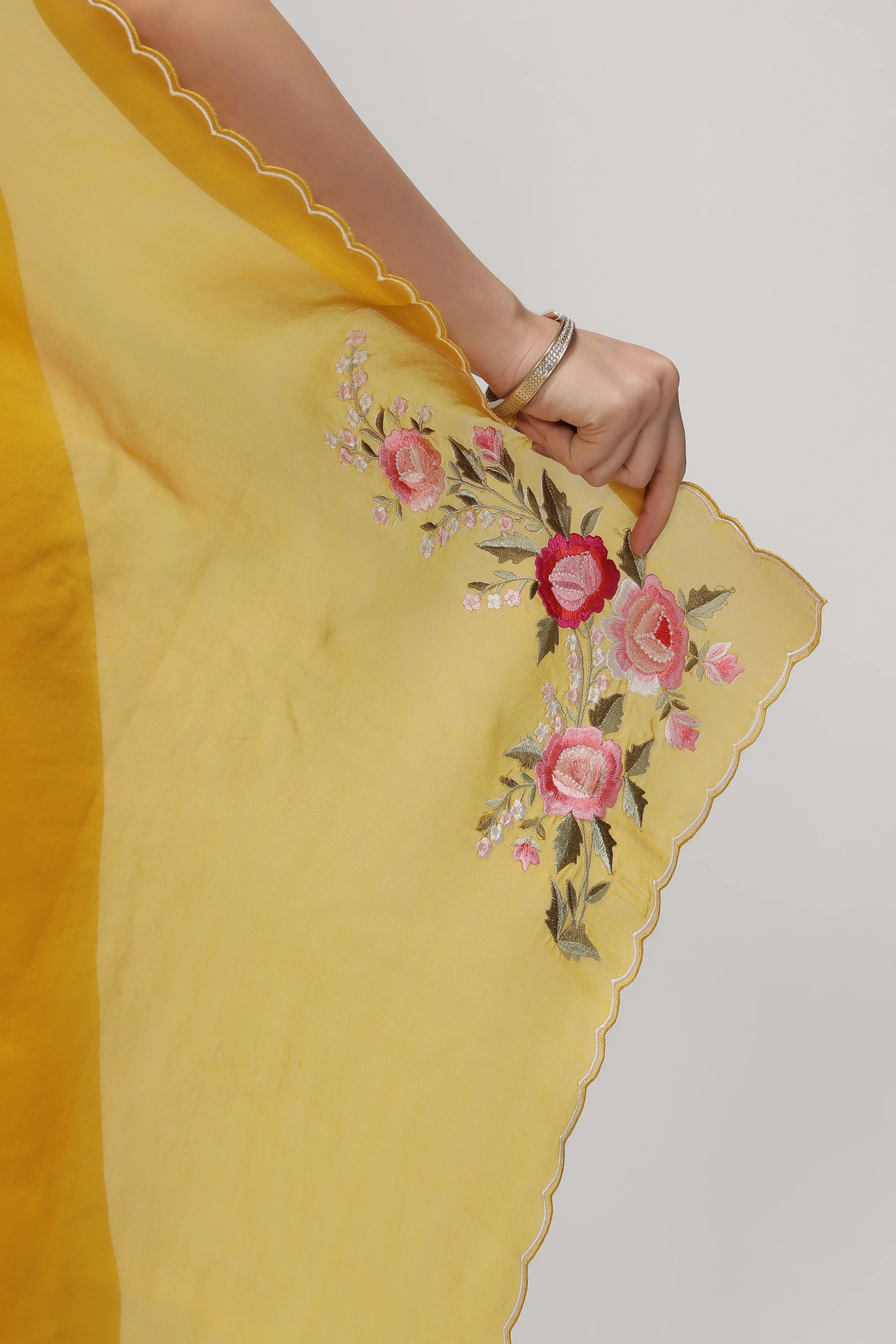 Mustard Yellow Organza Saree with Multi-Floral Embroidery Motifs - Mokshaa
