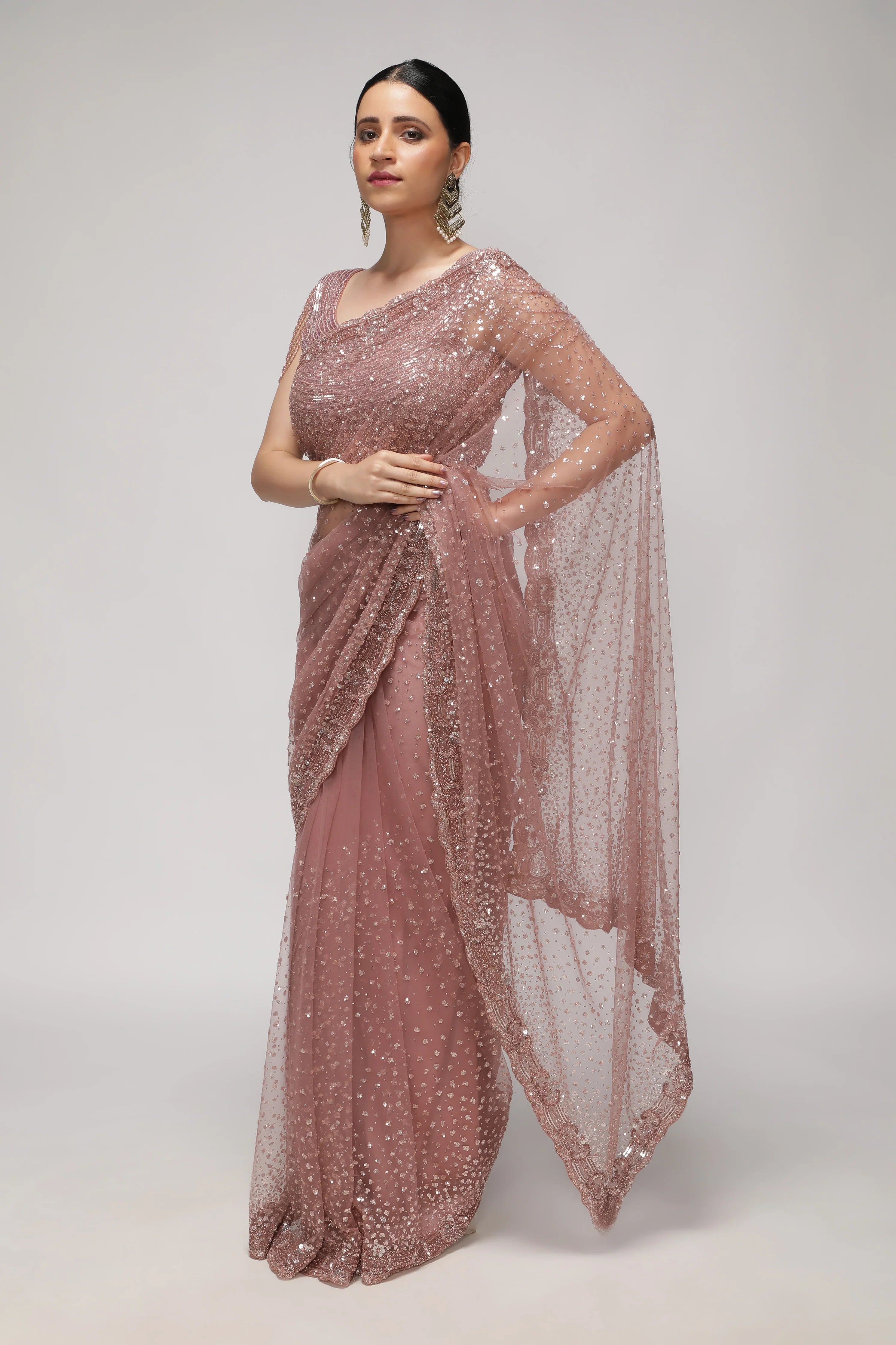Dusty Rose Net Saree with All-Over Sequin & Pearl Scallop Border - Mokshaa
