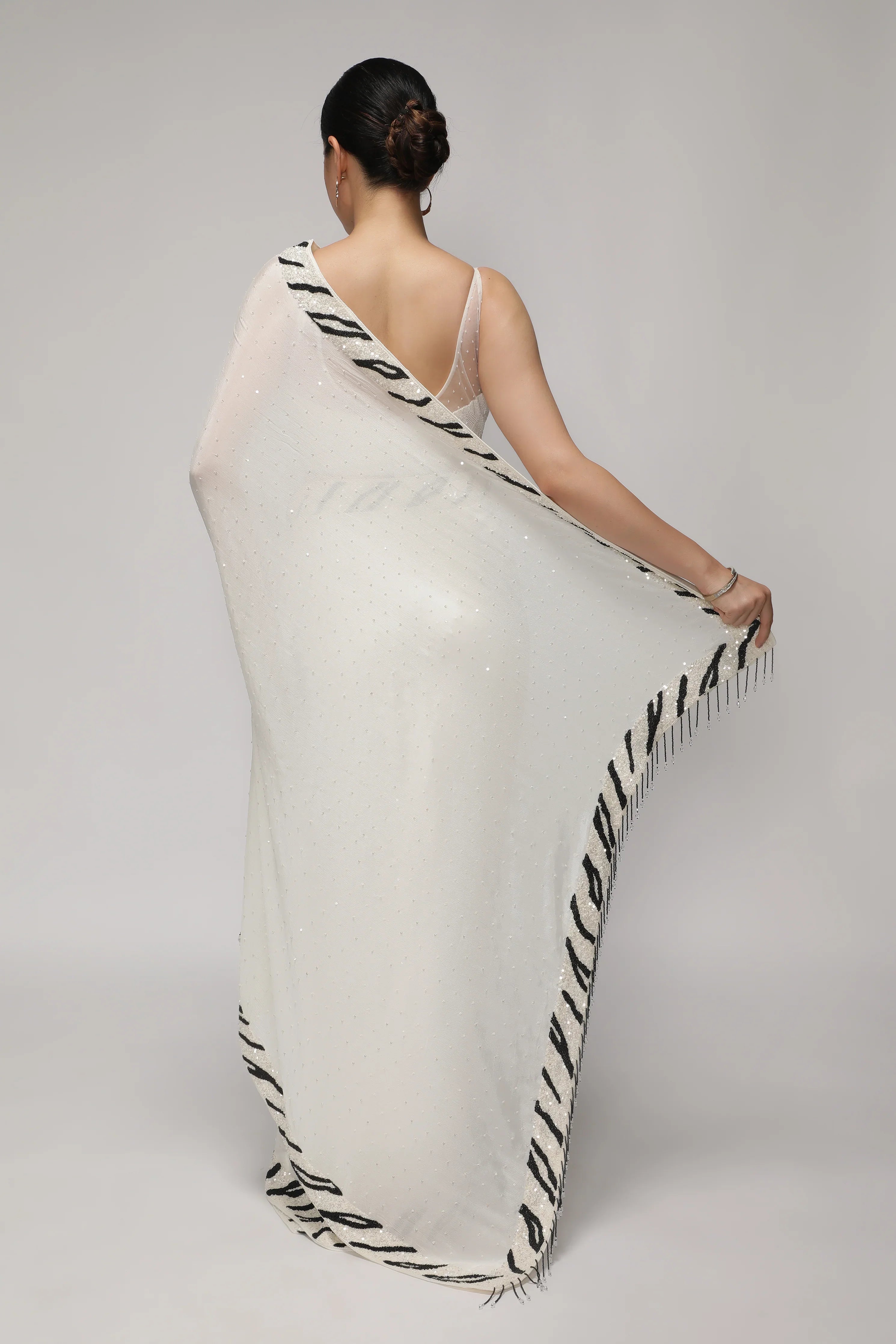 White Crepe Chiffon Saree with Sequins and Beaded Border - Mokshaa
