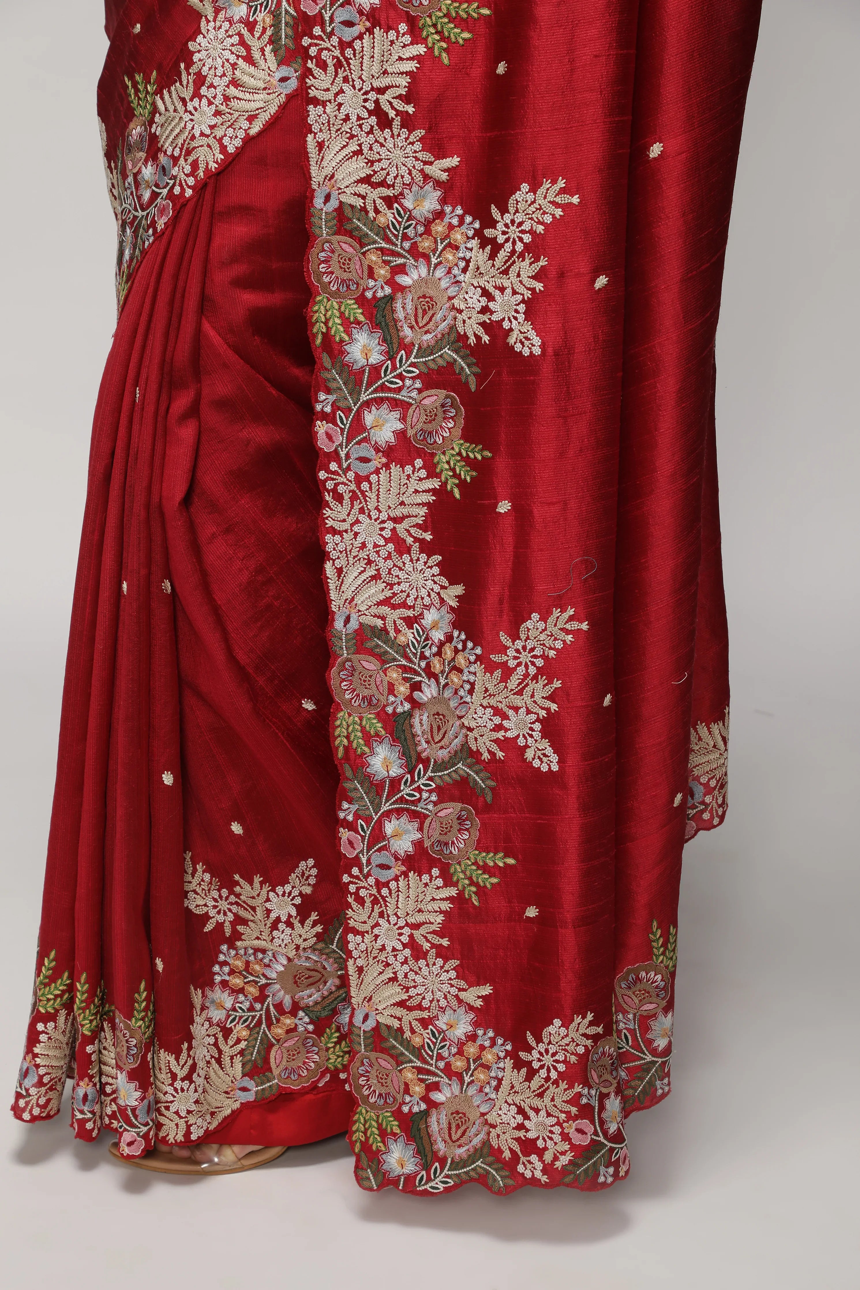 Red Handloom Tussar Saree with Contrast Embroidery Scallop Border - Mokshaa