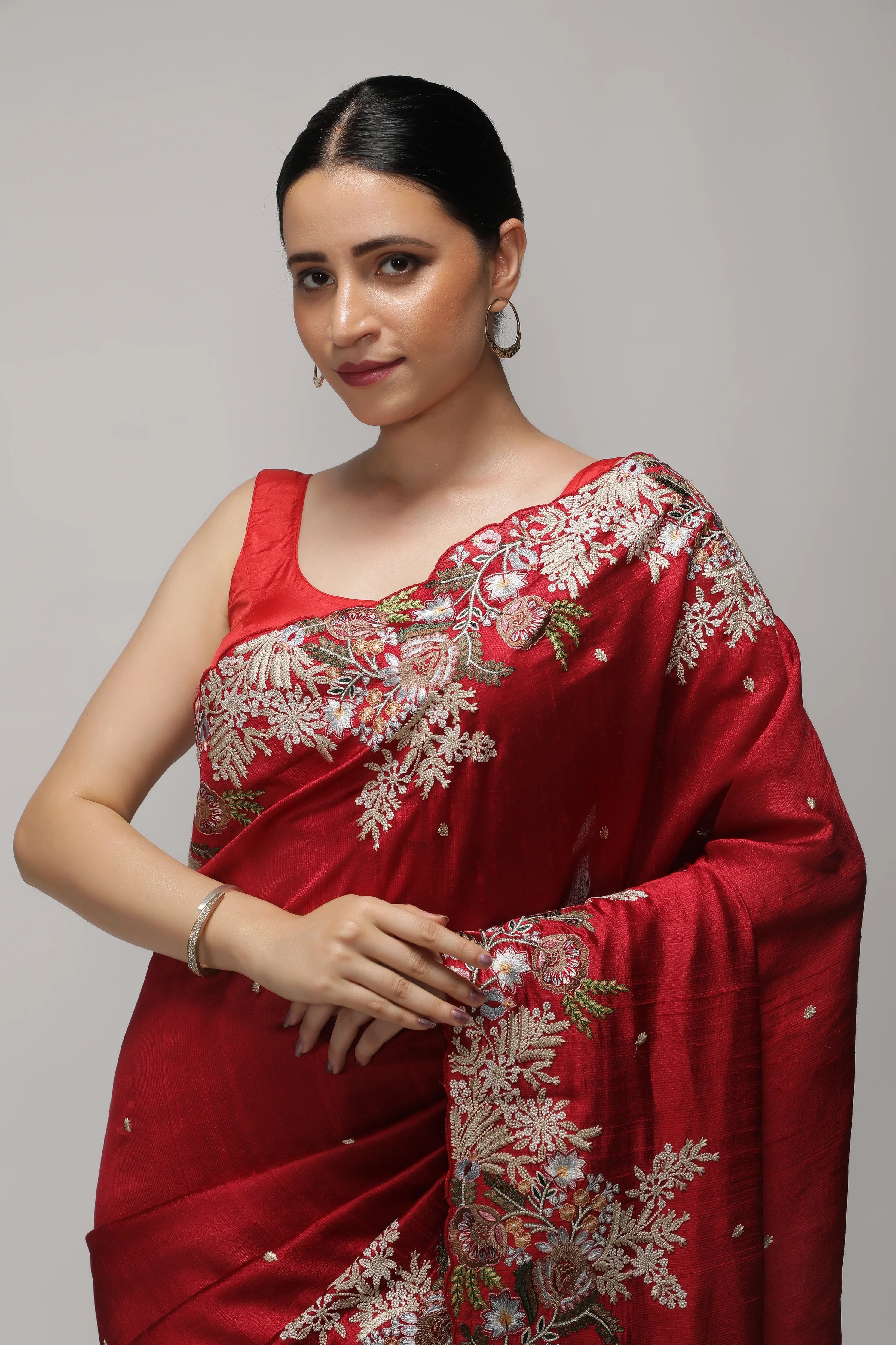 Red Handloom Tussar Saree with Contrast Embroidery Scallop Border - Mokshaa