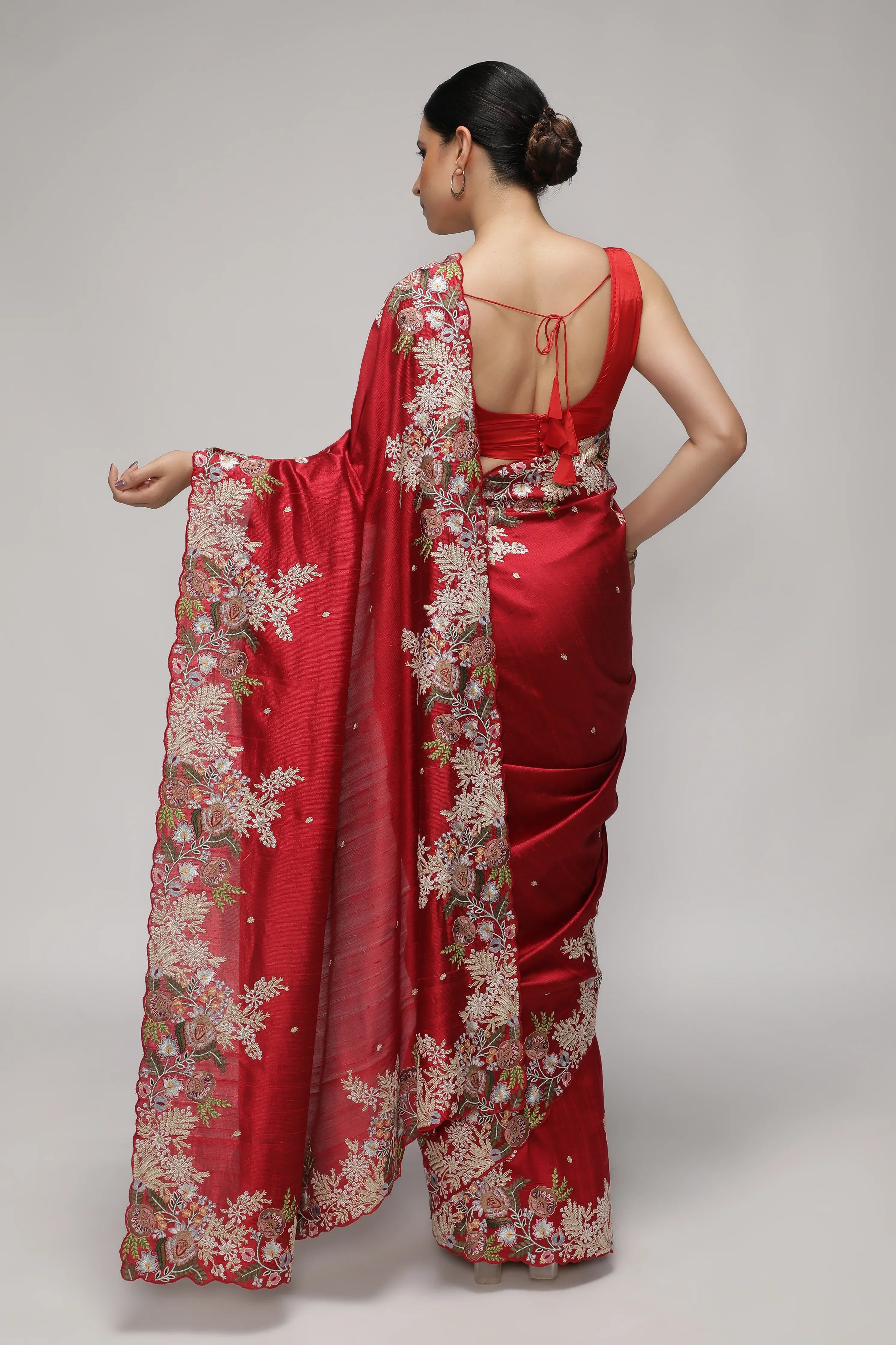 Red Handloom Tussar Saree with Contrast Embroidery Scallop Border - Mokshaa