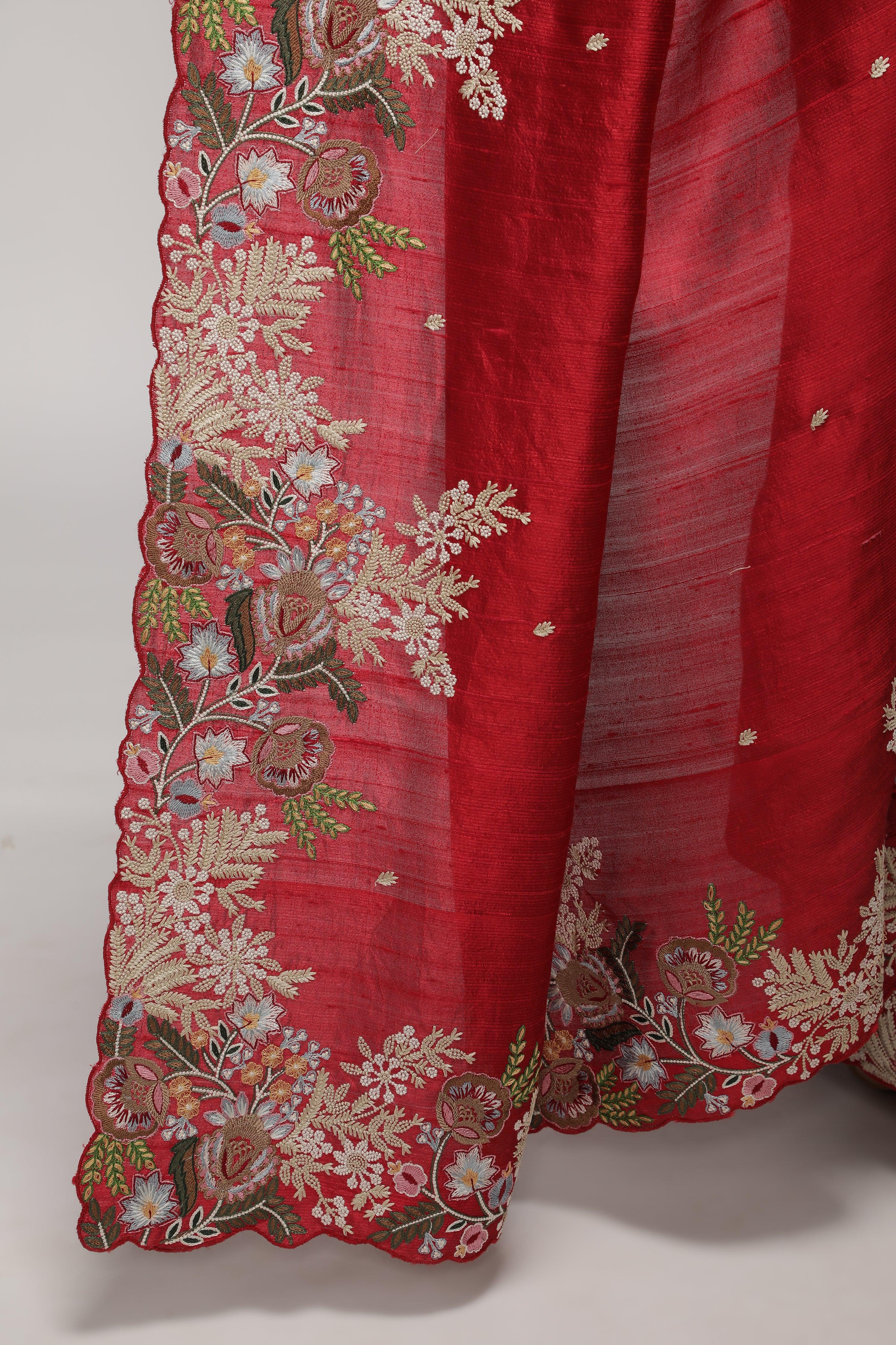 Red Handloom Tussar Saree with Contrast Embroidery Scallop Border - Mokshaa