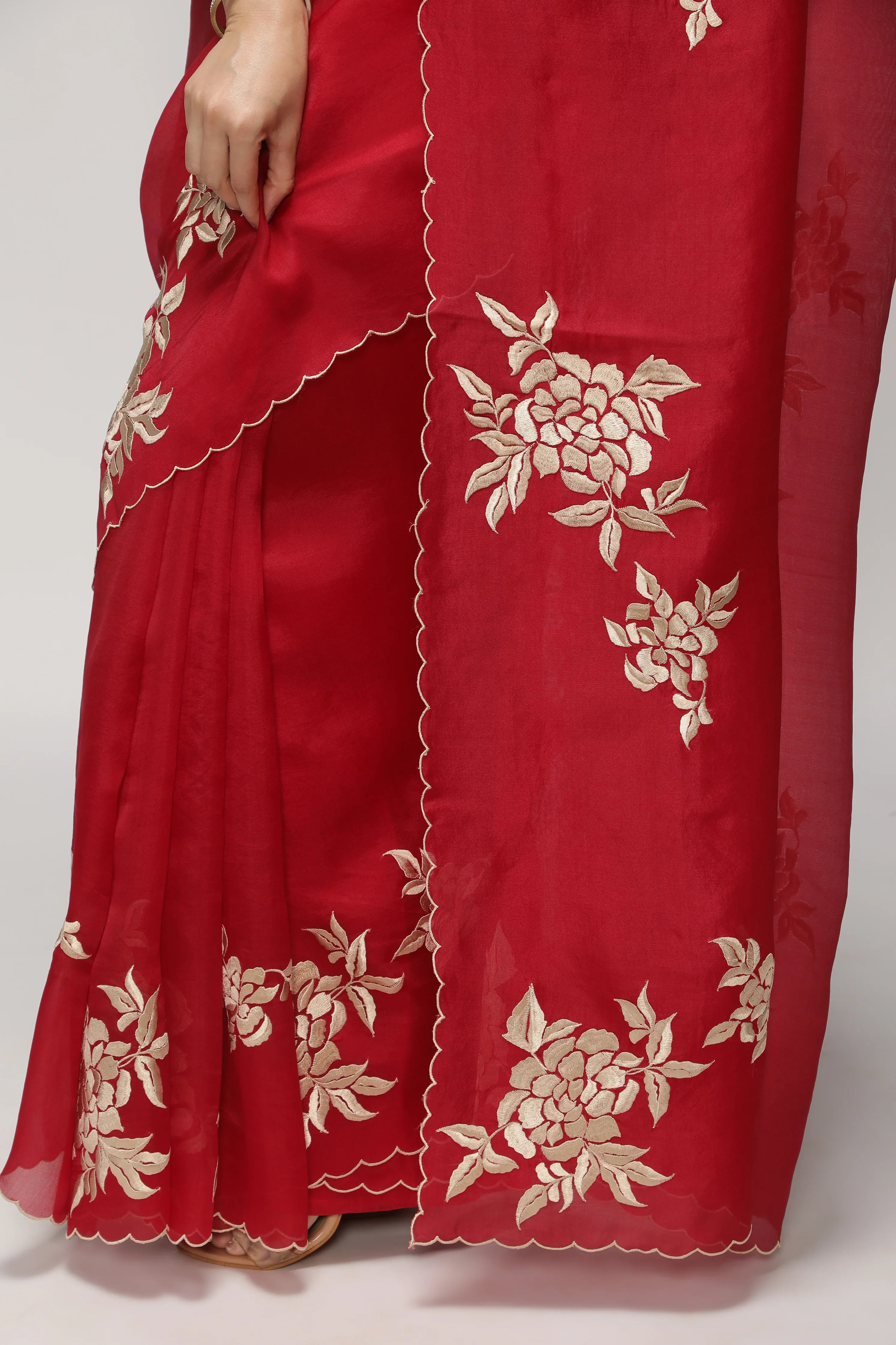 Red Organza Saree with All-Over Floral Thread Work Motifs - Mokshaa