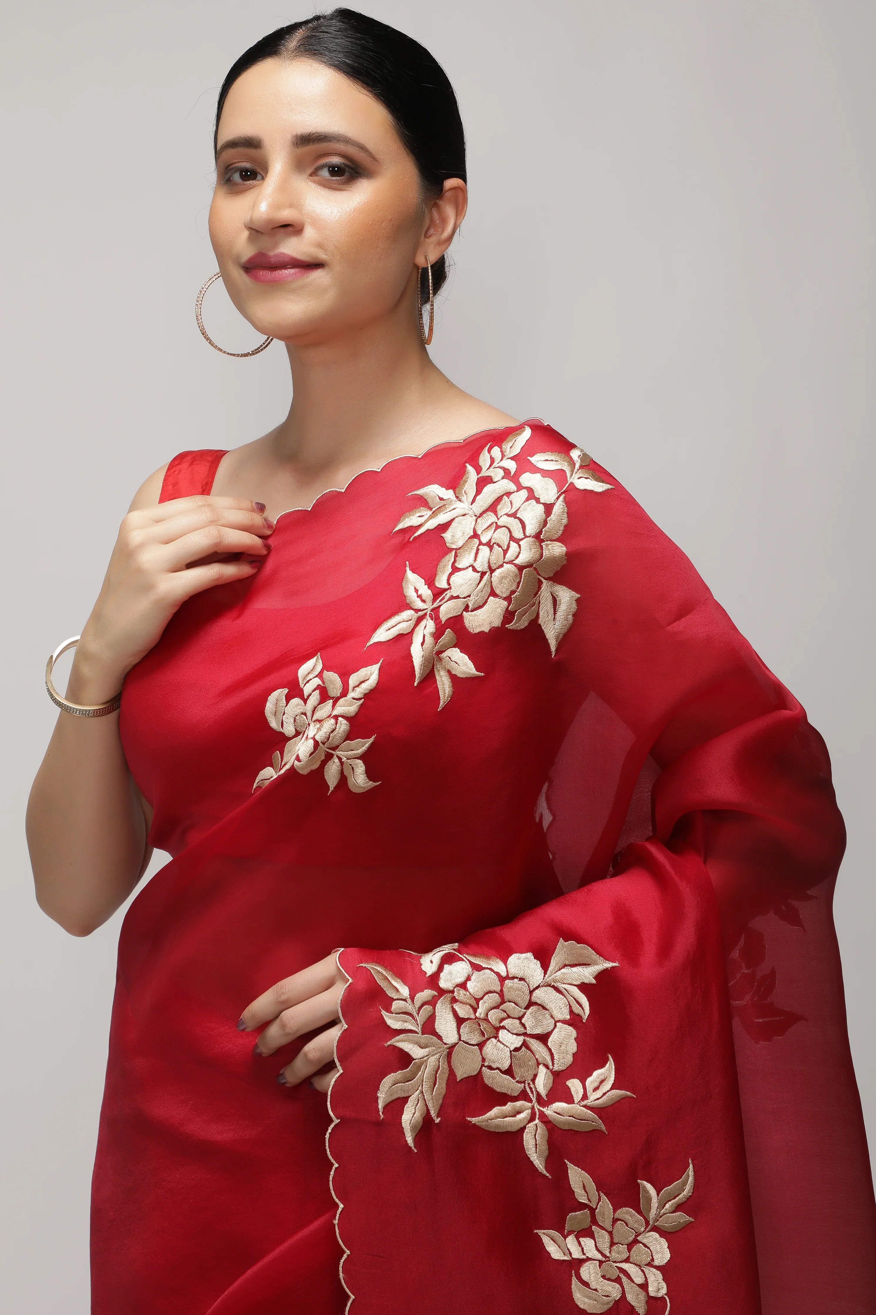 Red Organza Saree with All-Over Floral Thread Work Motifs - Mokshaa