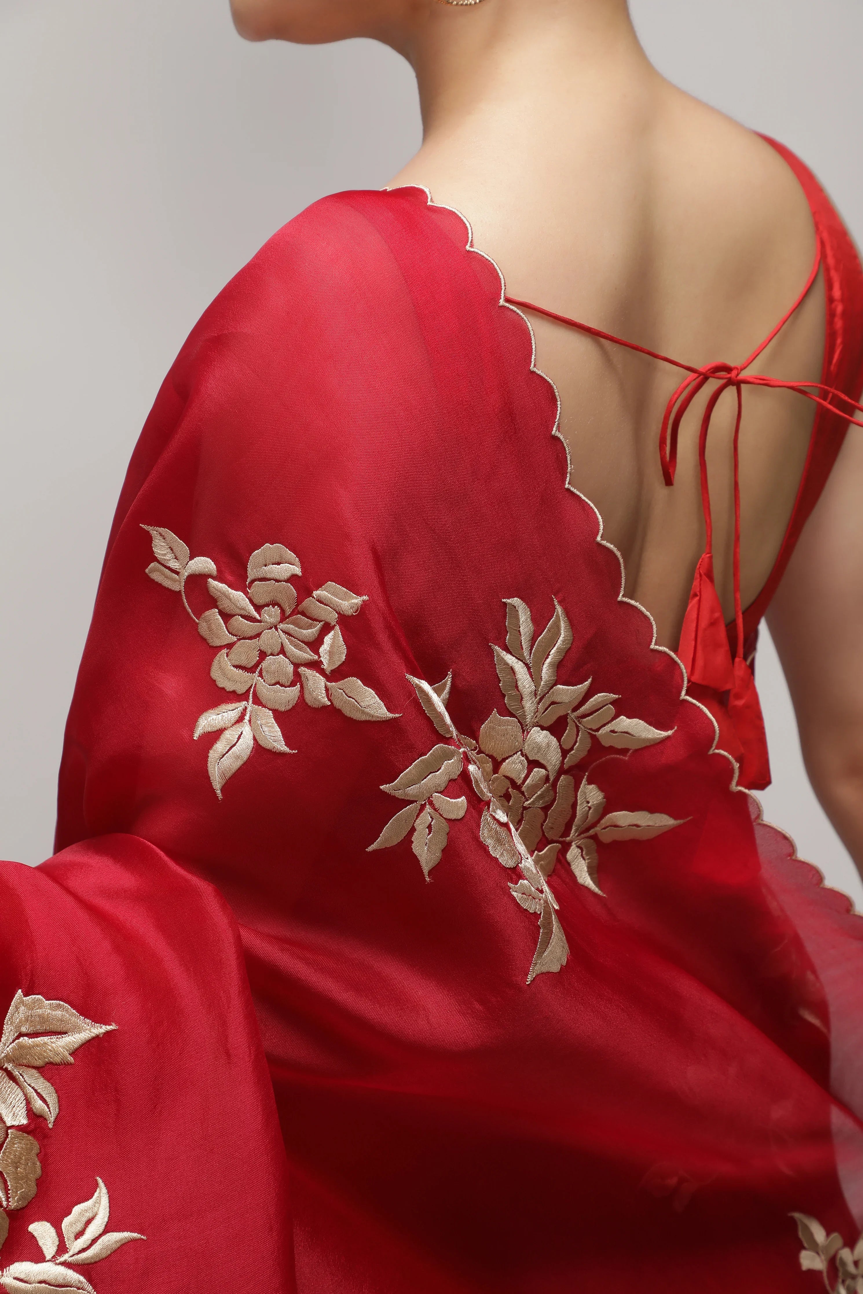 Red Organza Saree with All-Over Floral Thread Work Motifs - Mokshaa