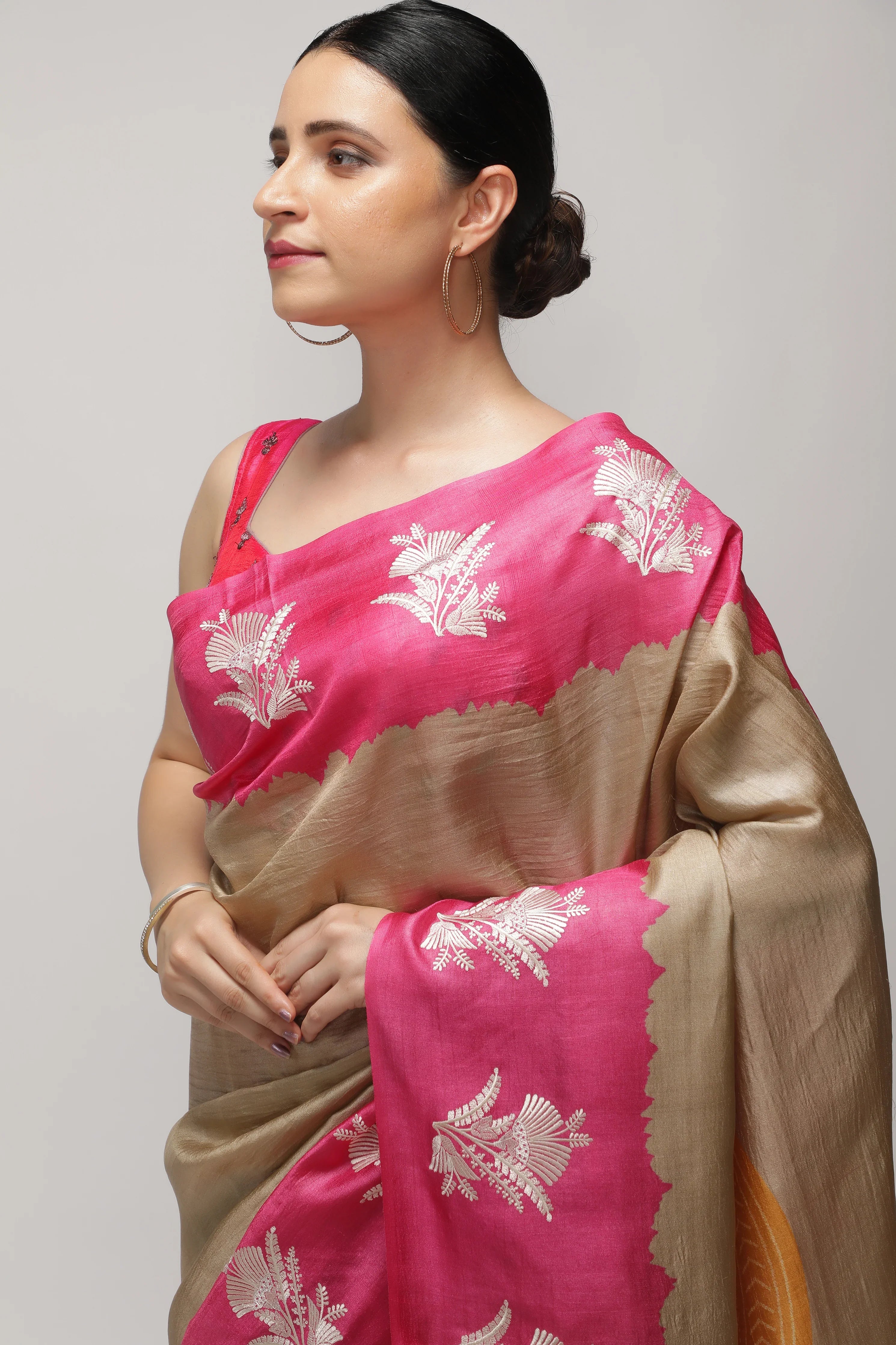 Chikoo and Pink Tussar Saree with Bandhani Print & Contrast Embroidery Border - Mokshaa