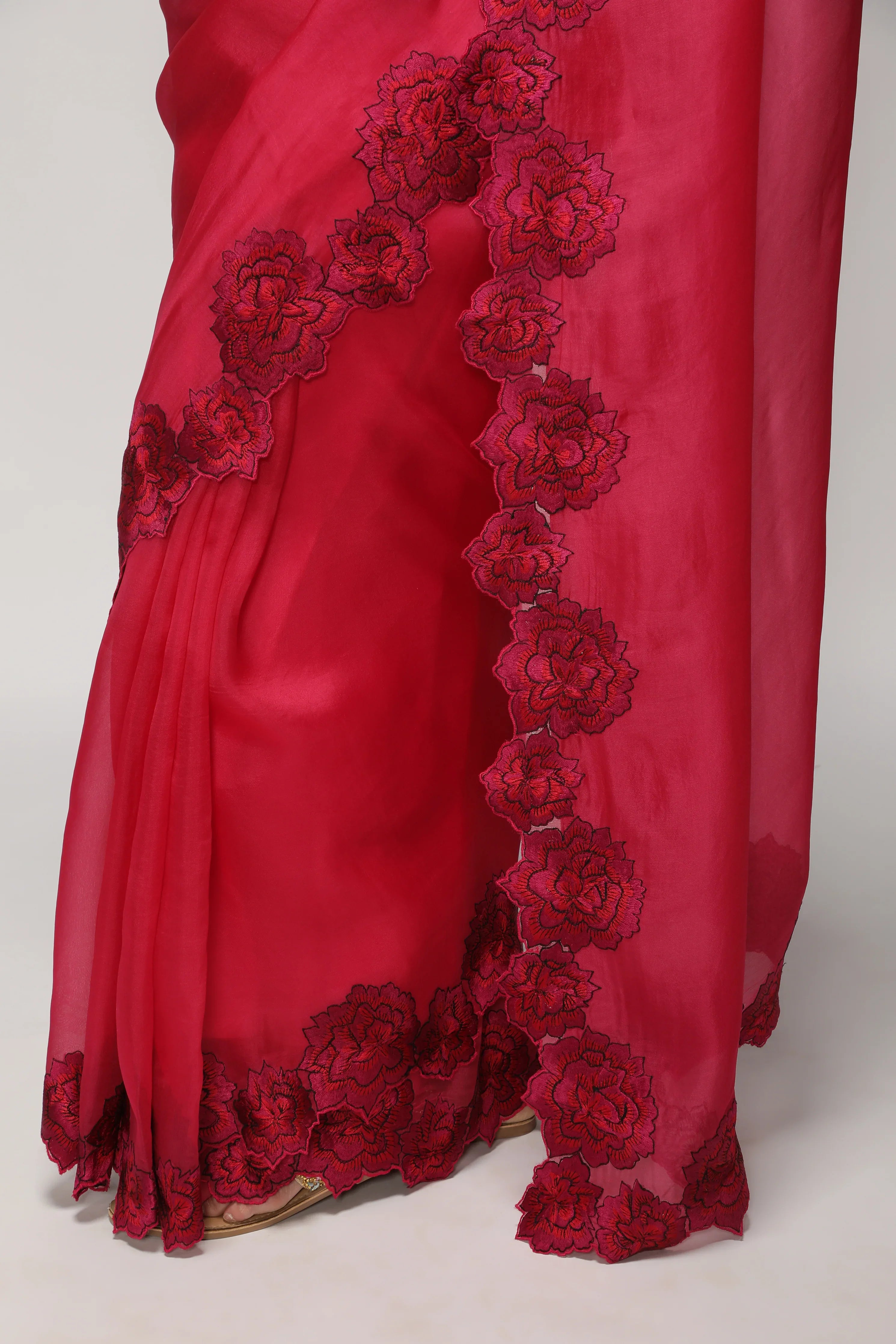 Fuchsia Pink Organza Saree with Shaded Floral Embroidery & Scallop Border - Mokshaa