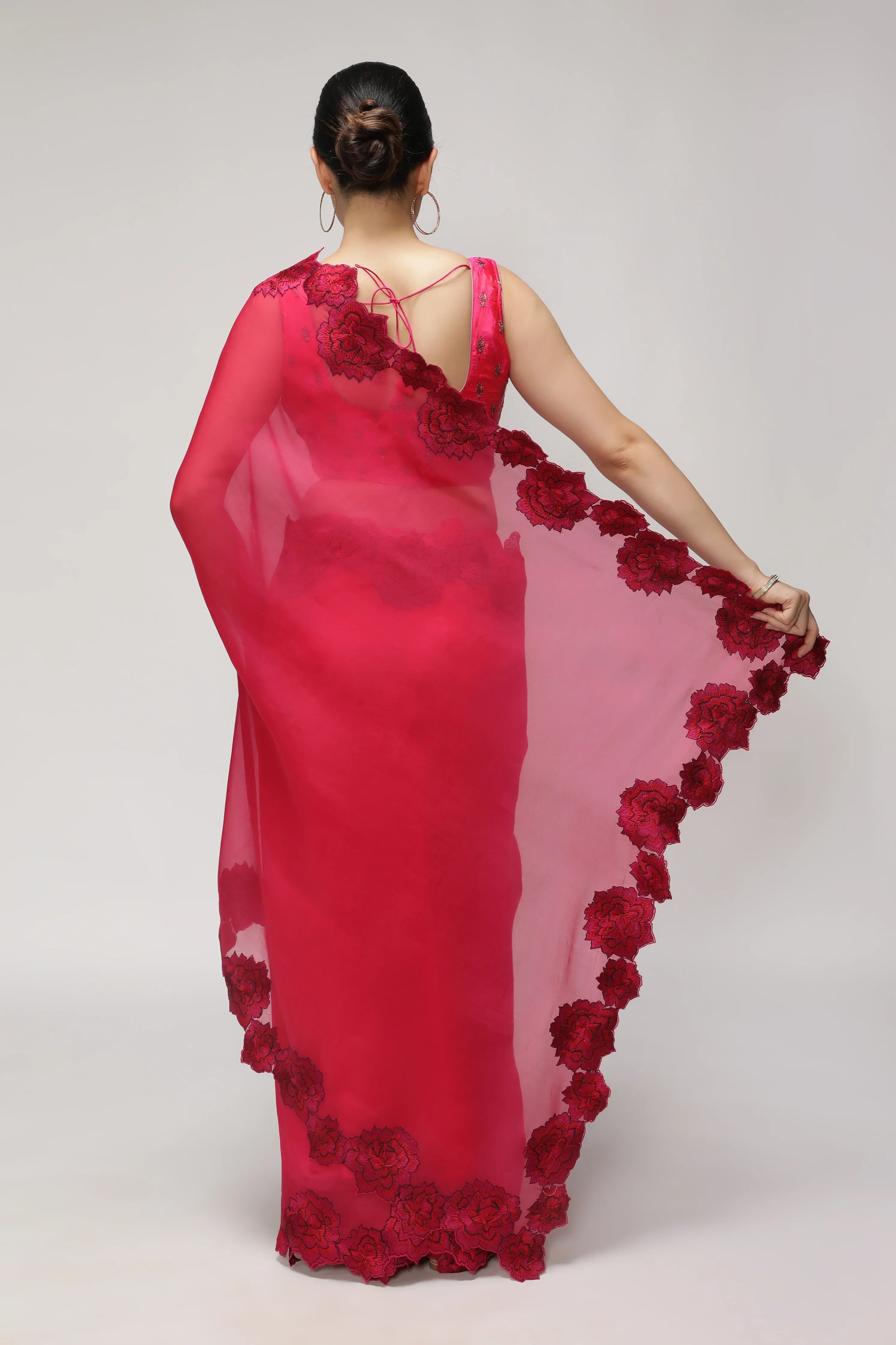 Fuchsia Pink Organza Saree with Shaded Floral Embroidery & Scallop Border - Mokshaa
