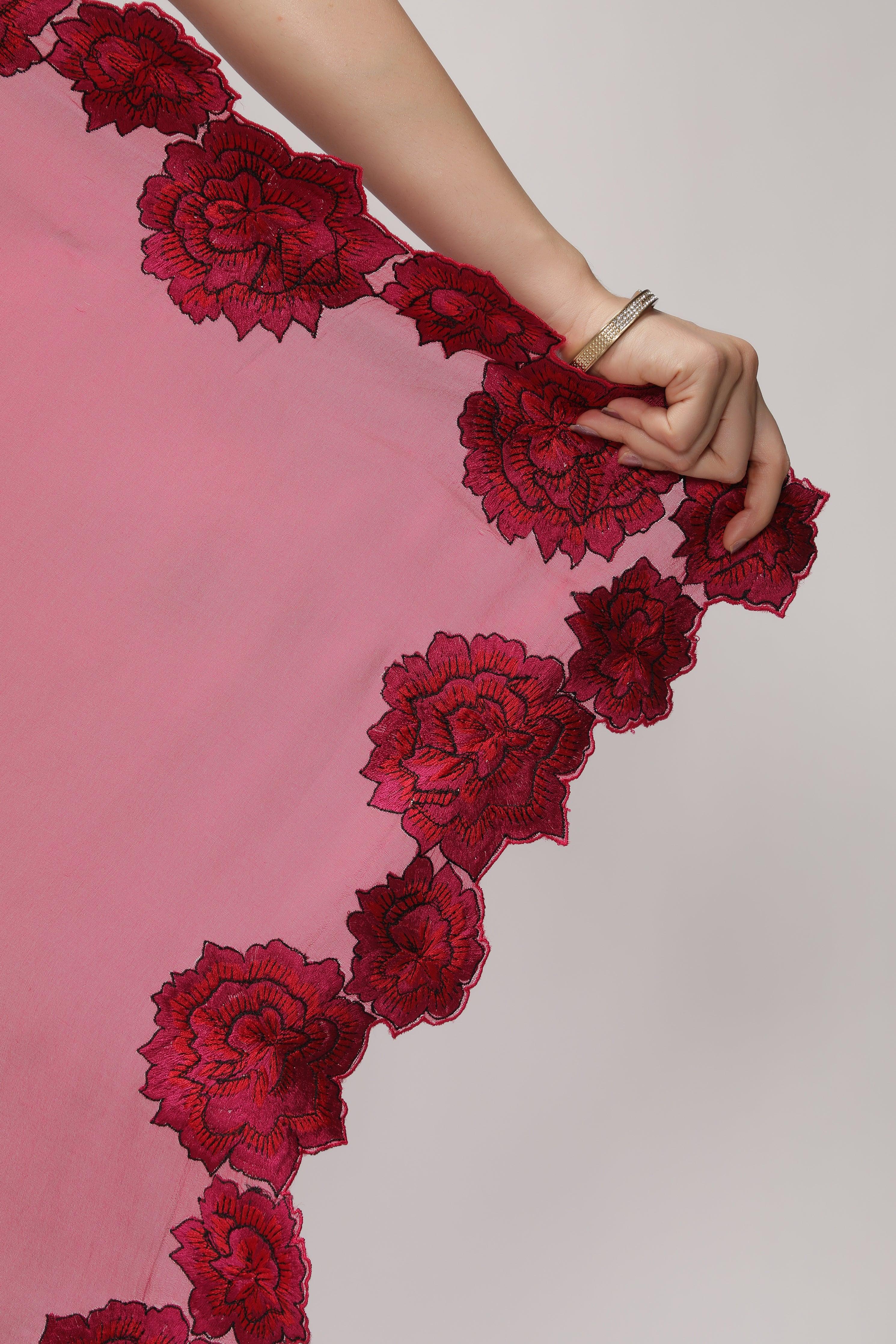 Fuchsia Pink Organza Saree with Shaded Floral Embroidery & Scallop Border - Mokshaa
