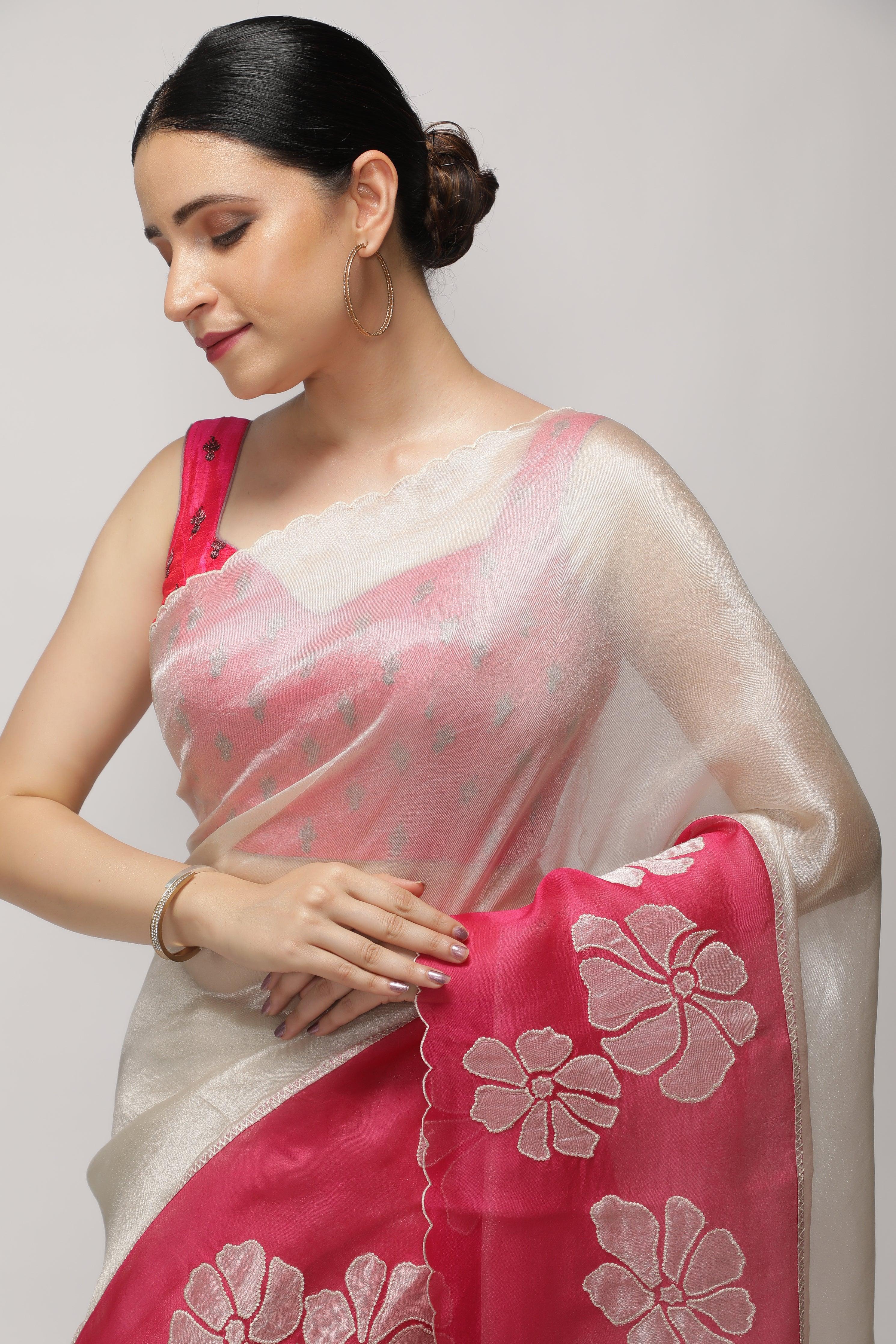 Silver Pink Tissue Saree with AppliquéWork Border - Mokshaa