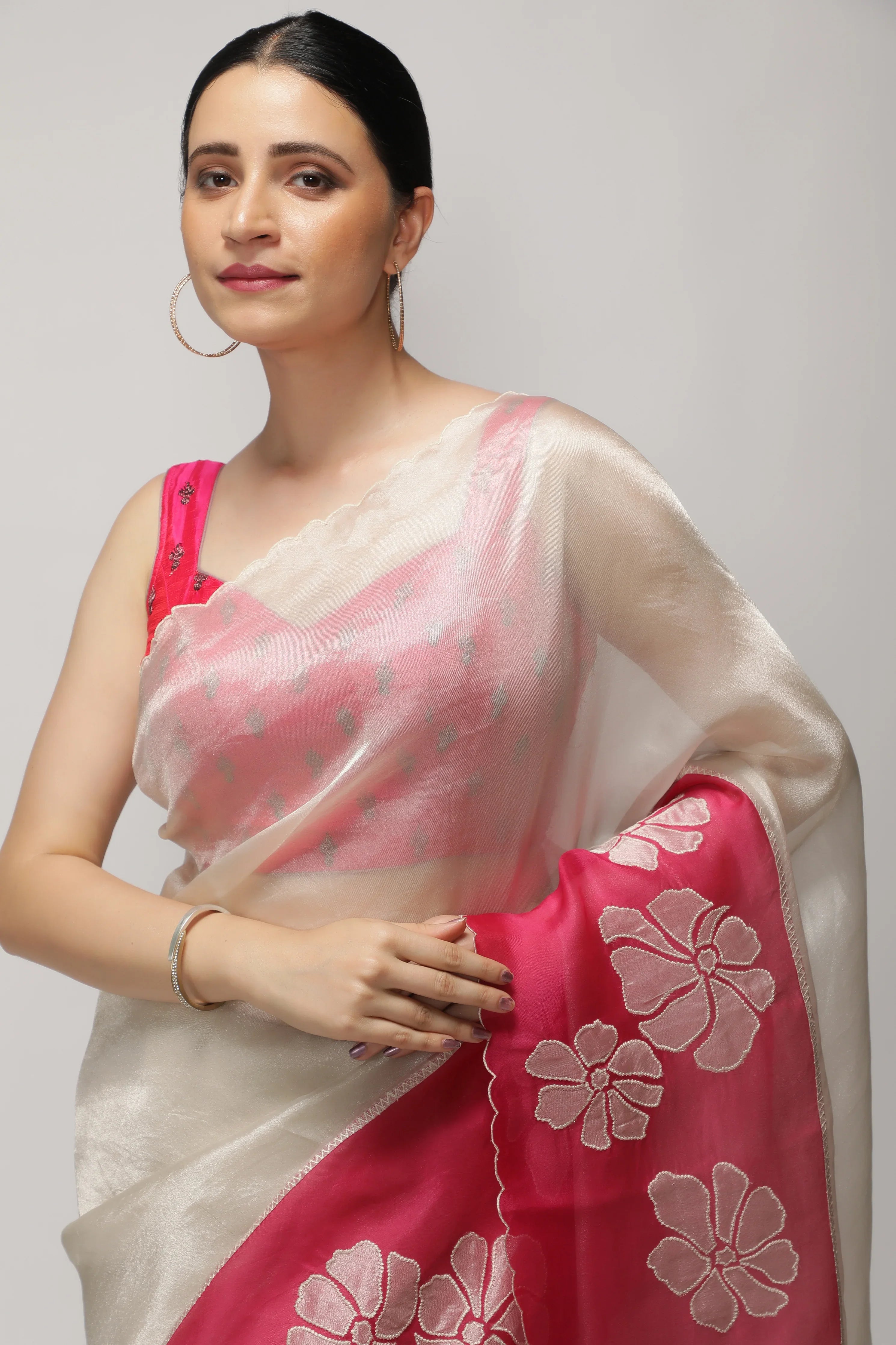 Silver Pink Tissue Saree with AppliquéWork Border - Mokshaa