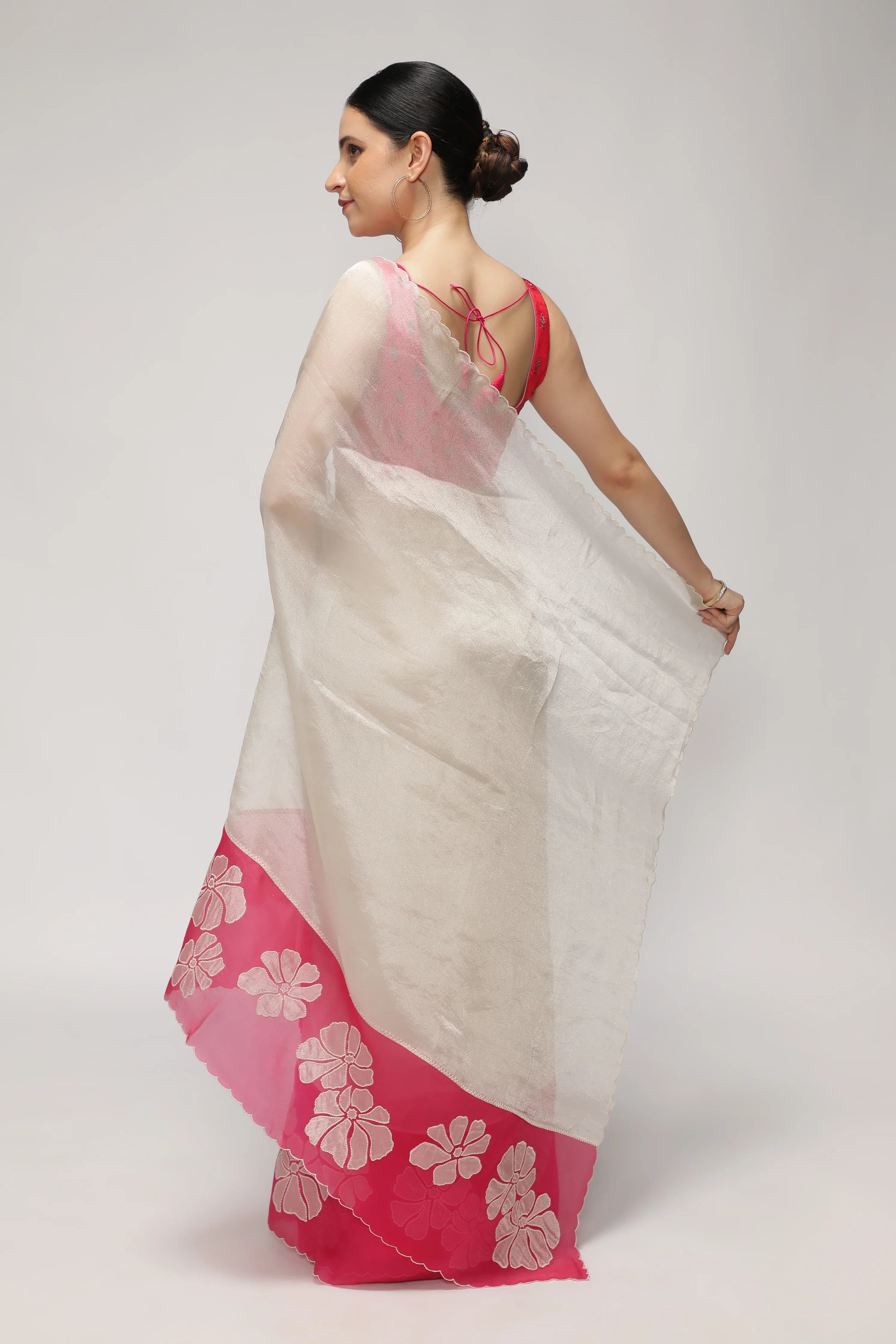 Silver Pink Tissue Saree with AppliquéWork Border - Mokshaa