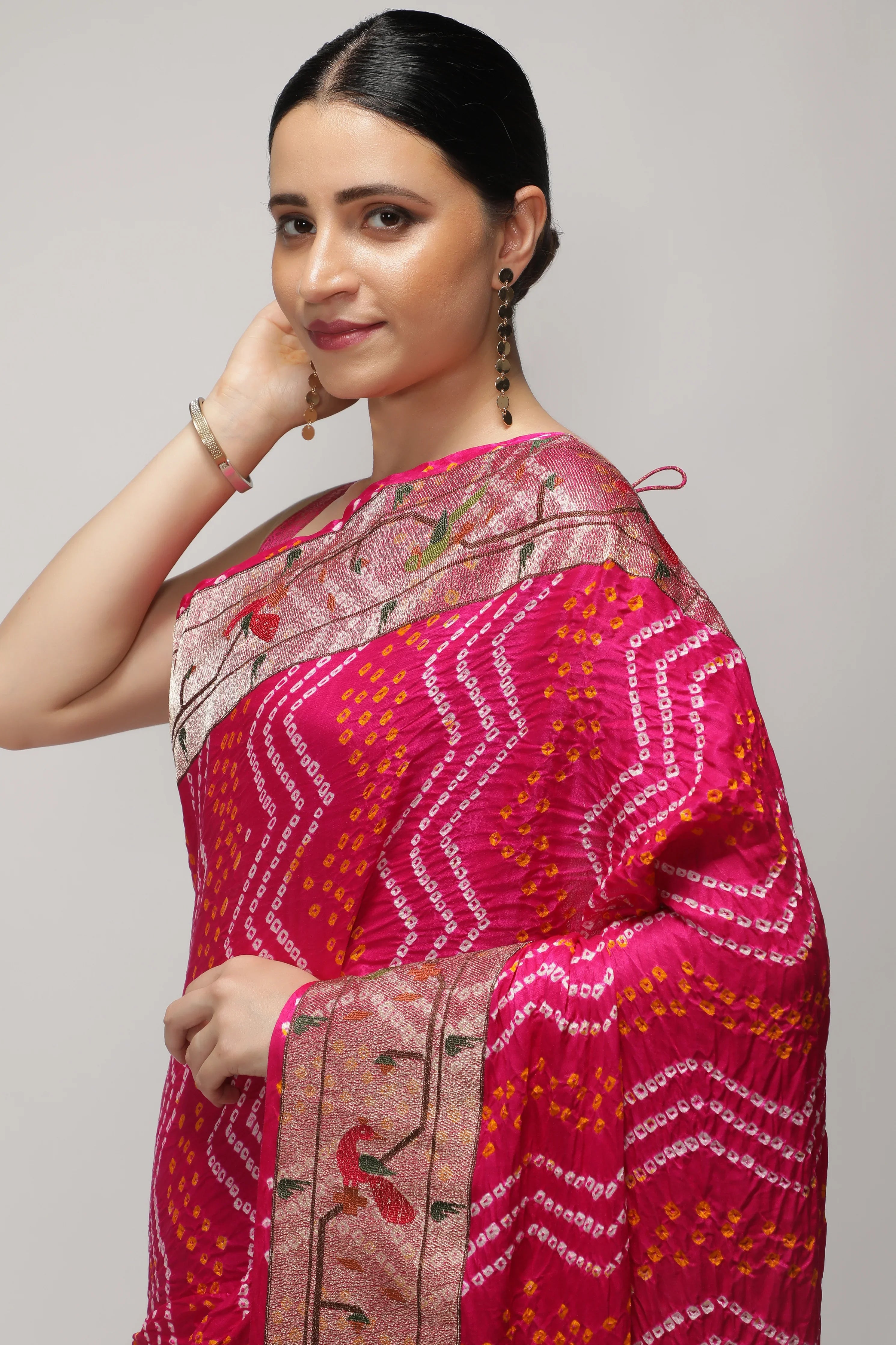 Shaded Rani Pink & Purple Bandni Saree with Paithani Border - Mokshaa